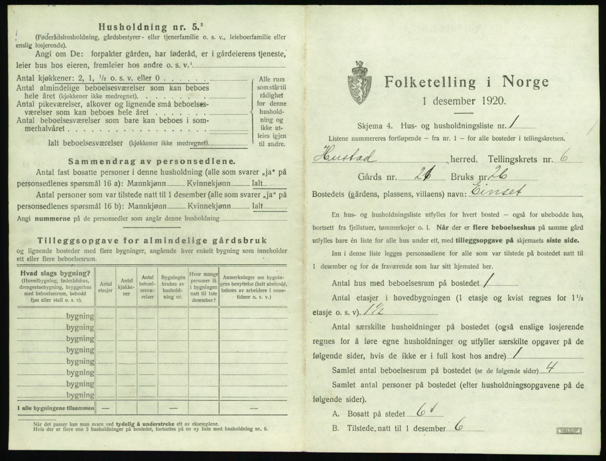 SAT, 1920 census for Hustad, 1920, p. 607