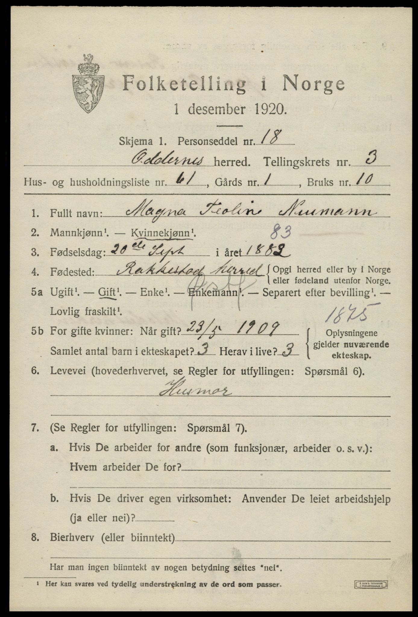 SAK, 1920 census for Oddernes, 1920, p. 4051