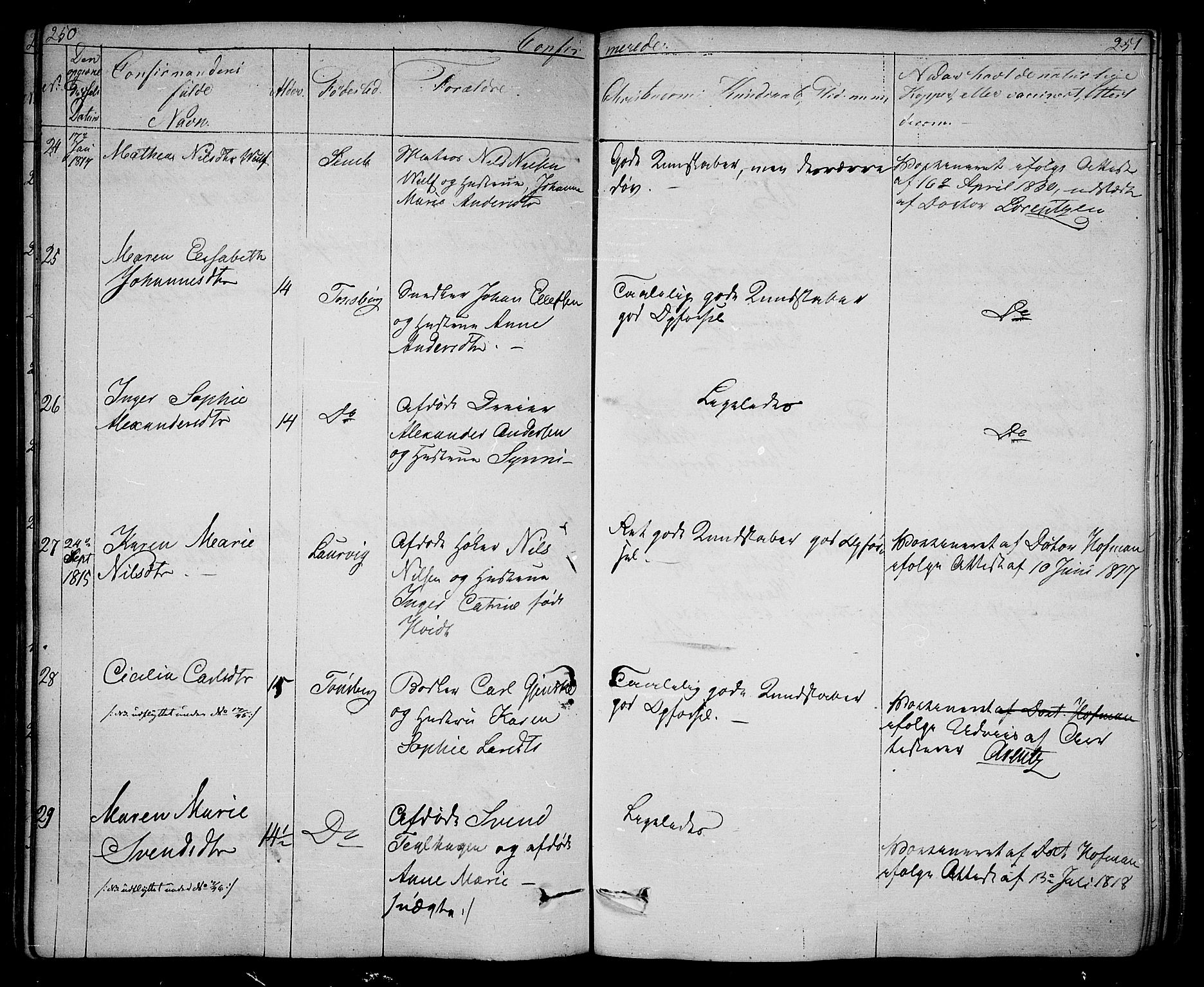 Tønsberg kirkebøker, AV/SAKO-A-330/F/Fa/L0005: Parish register (official) no. I 5, 1827-1836, p. 250-251