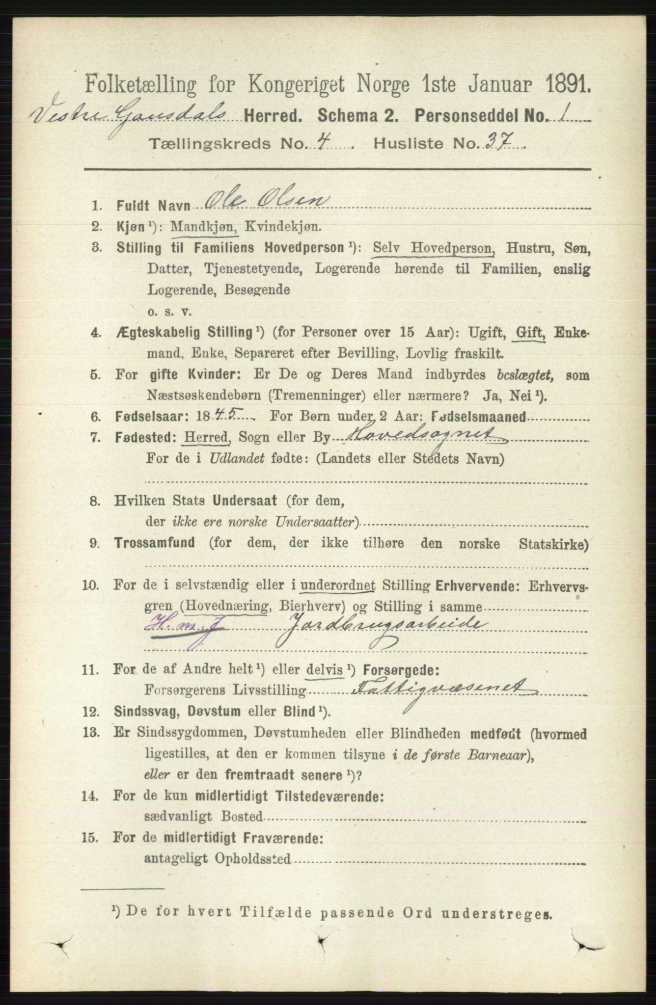 RA, 1891 census for 0523 Vestre Gausdal, 1891, p. 1913