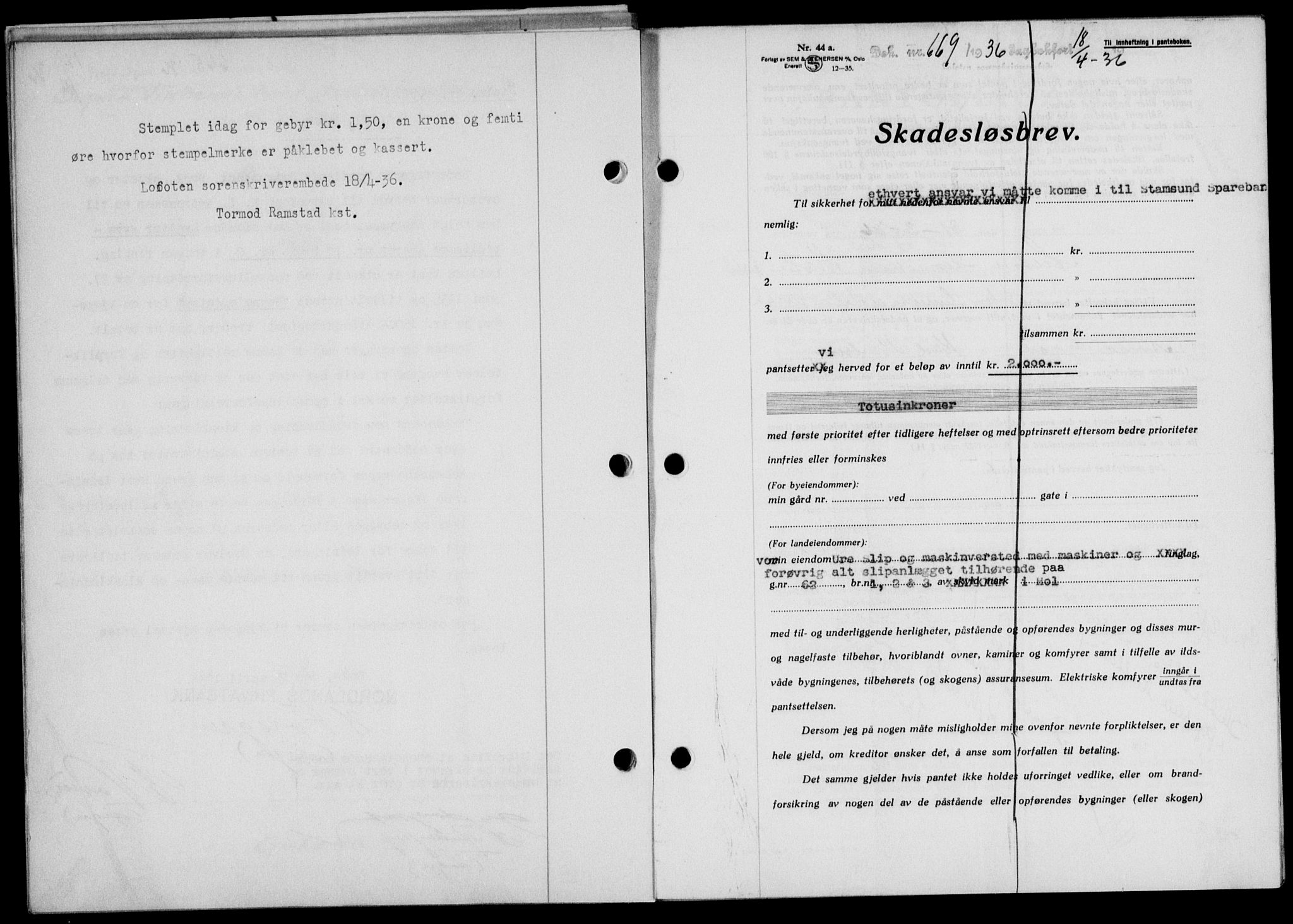 Lofoten sorenskriveri, SAT/A-0017/1/2/2C/L0033b: Mortgage book no. 33b, 1936-1936, Diary no: : 669/1936