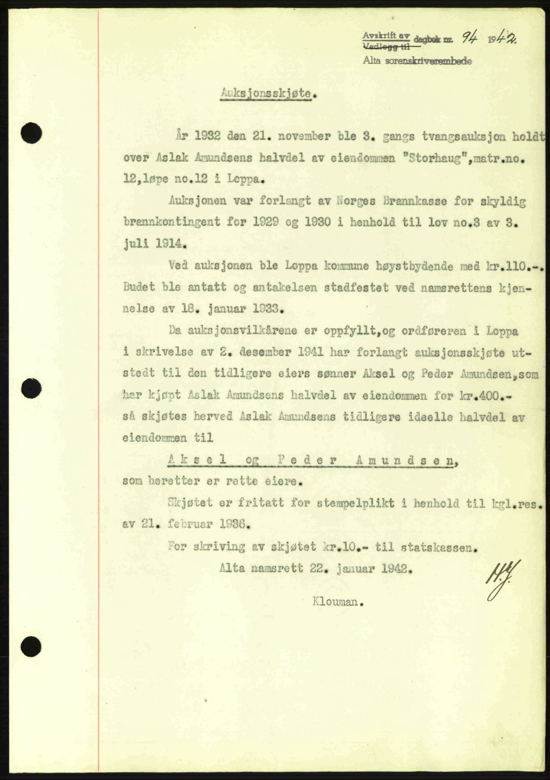 Alta fogderi/sorenskriveri, SATØ/SATØ-5/1/K/Kd/L0033pantebok: Mortgage book no. 33, 1940-1943, Diary no: : 94/1942