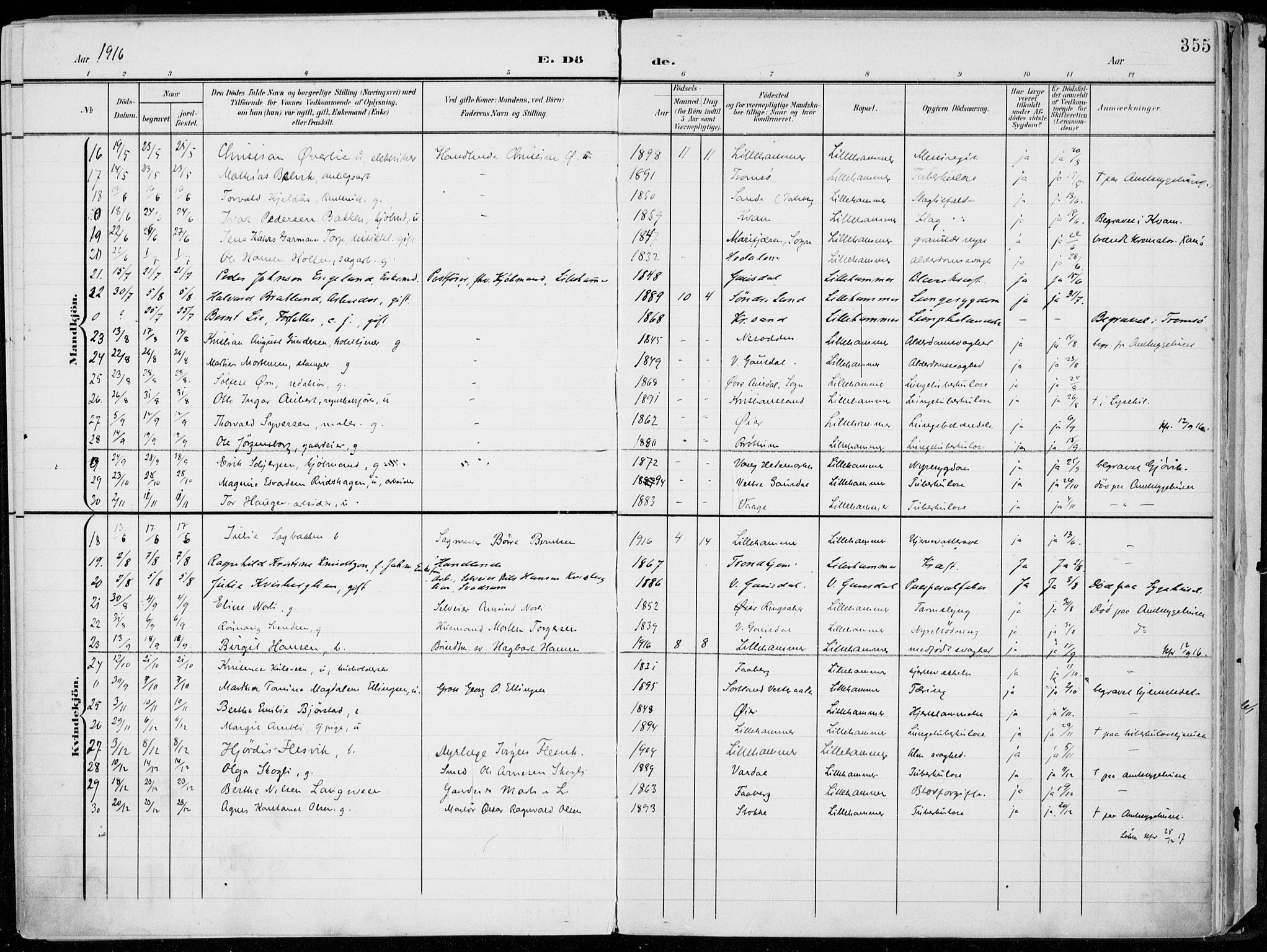 Lillehammer prestekontor, AV/SAH-PREST-088/H/Ha/Haa/L0001: Parish register (official) no. 1, 1901-1916, p. 355