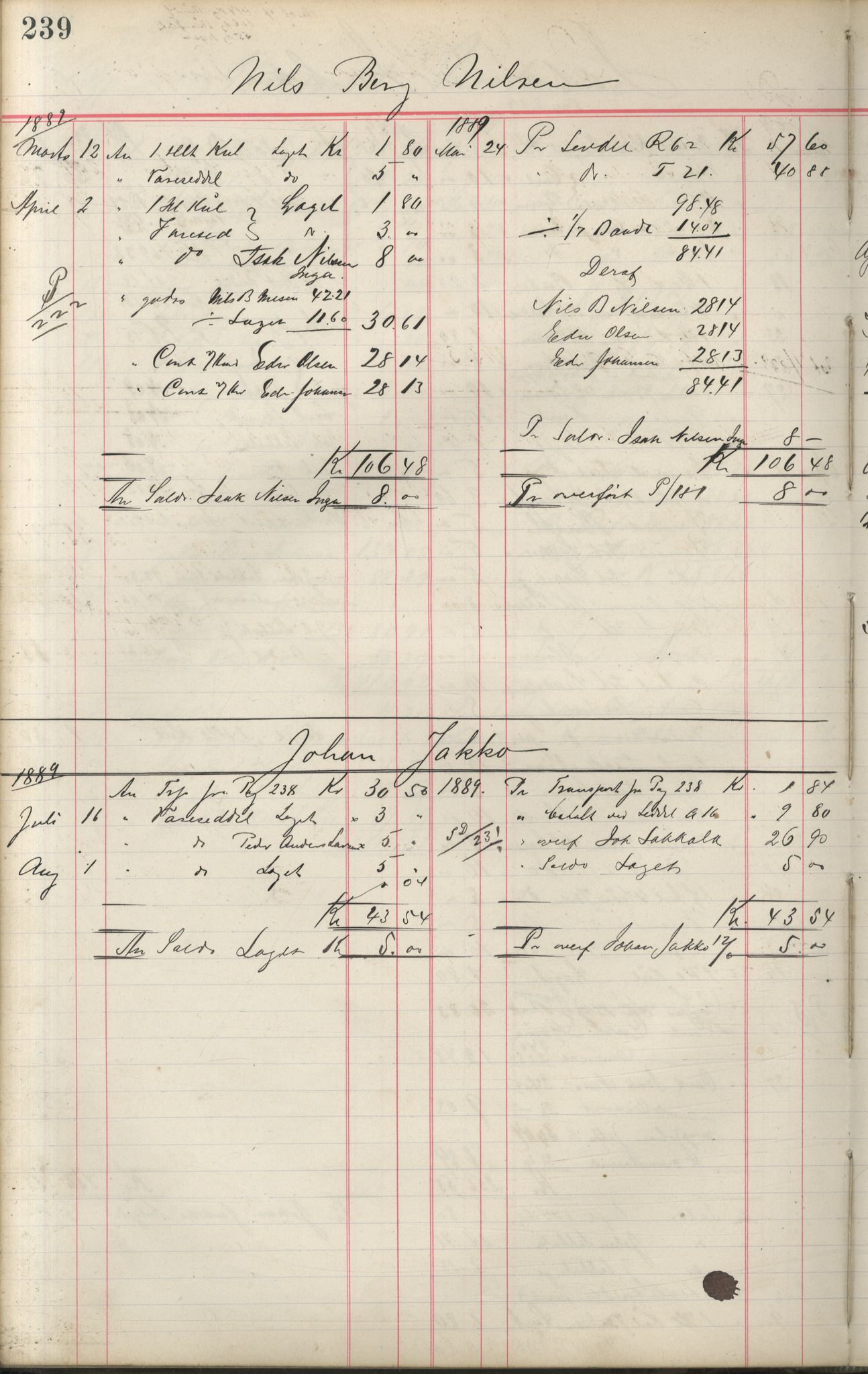 Brodtkorb handel A/S, VAMU/A-0001/F/Fa/L0001/0002: Kompanibøker. Innensogns / Compagnibog for Indensogns Fiskere No 11, 1887-1889, p. 239