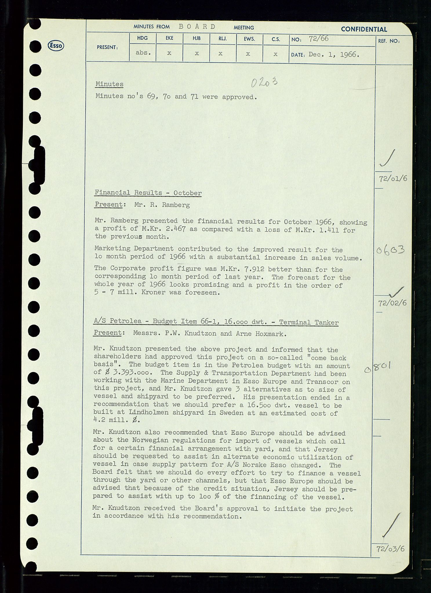 Pa 0982 - Esso Norge A/S, AV/SAST-A-100448/A/Aa/L0002/0002: Den administrerende direksjon Board minutes (styrereferater) / Den administrerende direksjon Board minutes (styrereferater), 1966, p. 152