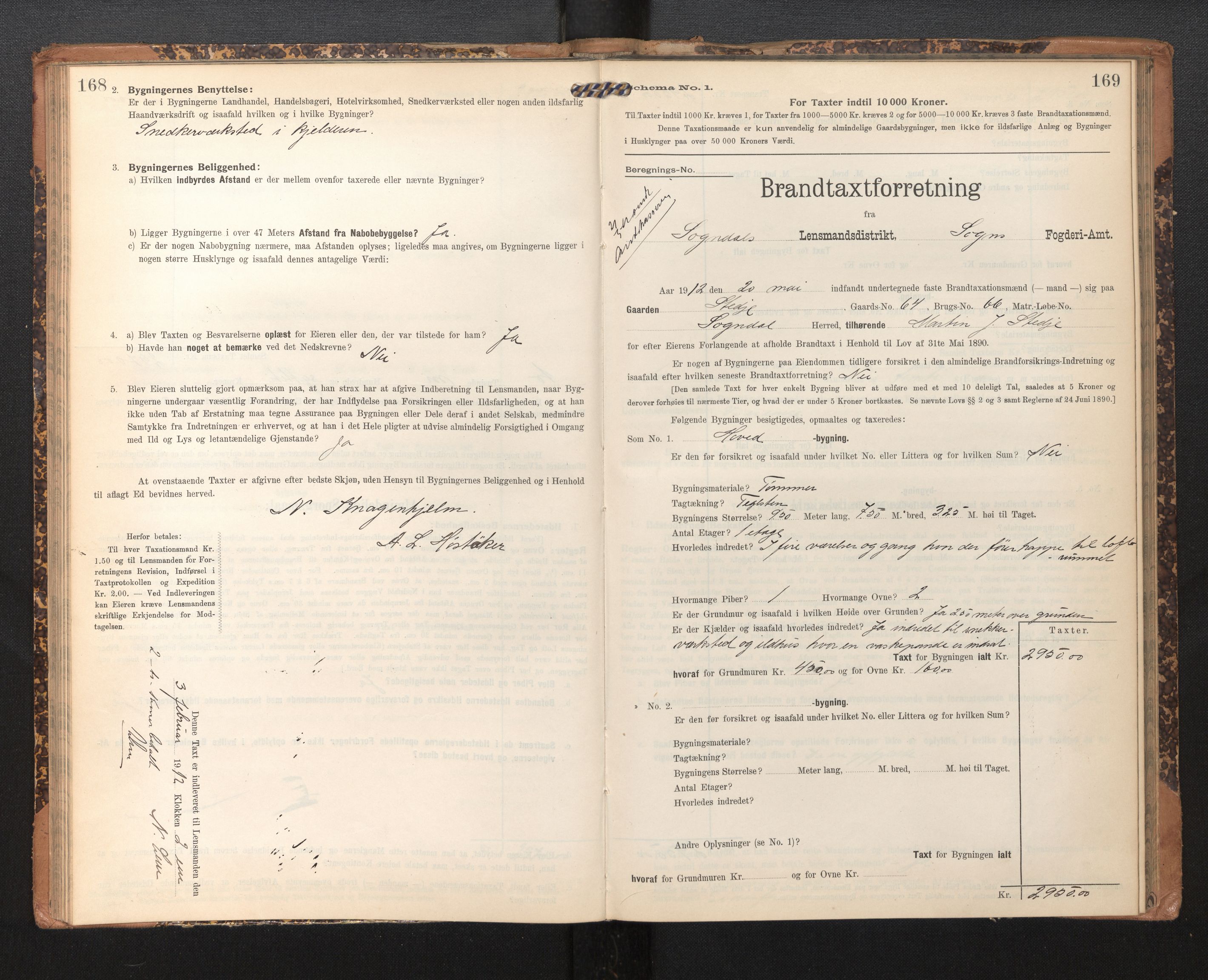 Lensmannen i Sogndal, AV/SAB-A-29901/0012/L0010: Branntakstprotokoll, skjematakst, 1907-1914, p. 168-169