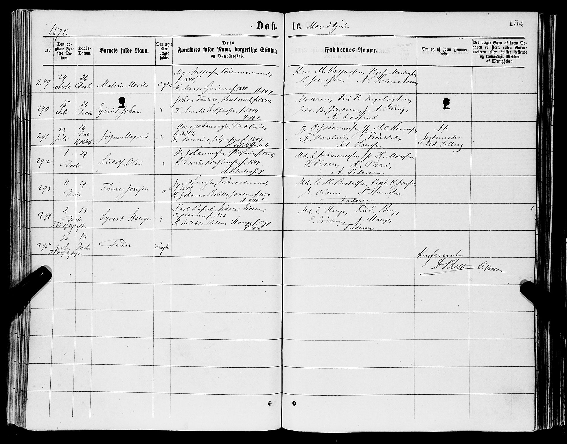 Domkirken sokneprestembete, SAB/A-74801/H/Haa/L0022: Parish register (official) no. B 5, 1872-1878, p. 154