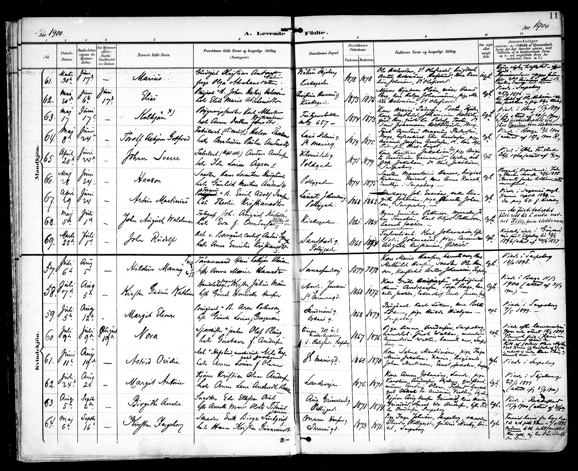 Sarpsborg prestekontor Kirkebøker, AV/SAO-A-2006/F/Fa/L0005: Parish register (official) no. 5, 1900-1909, p. 11