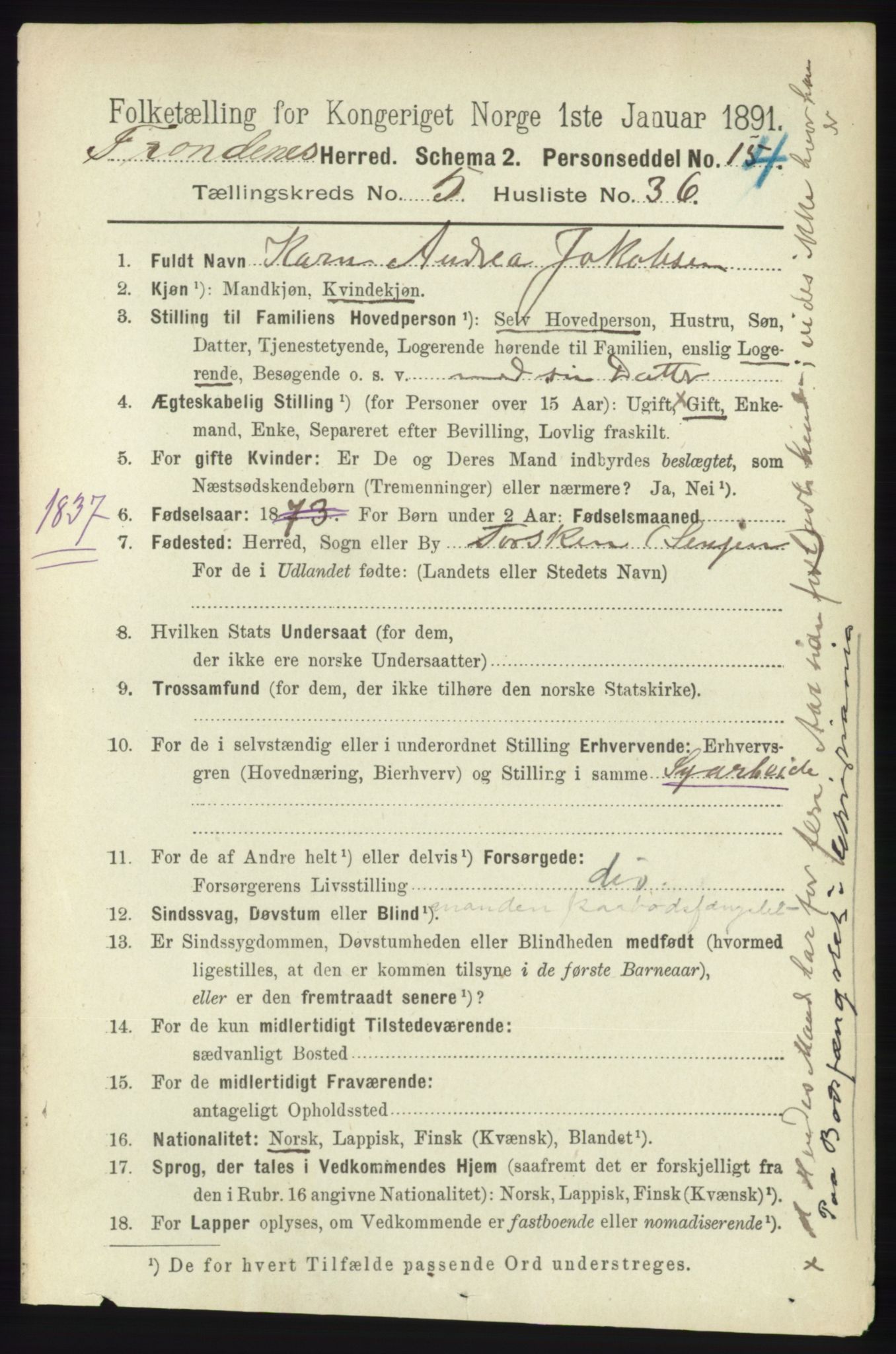 RA, 1891 census for 1914 Trondenes, 1891, p. 3106