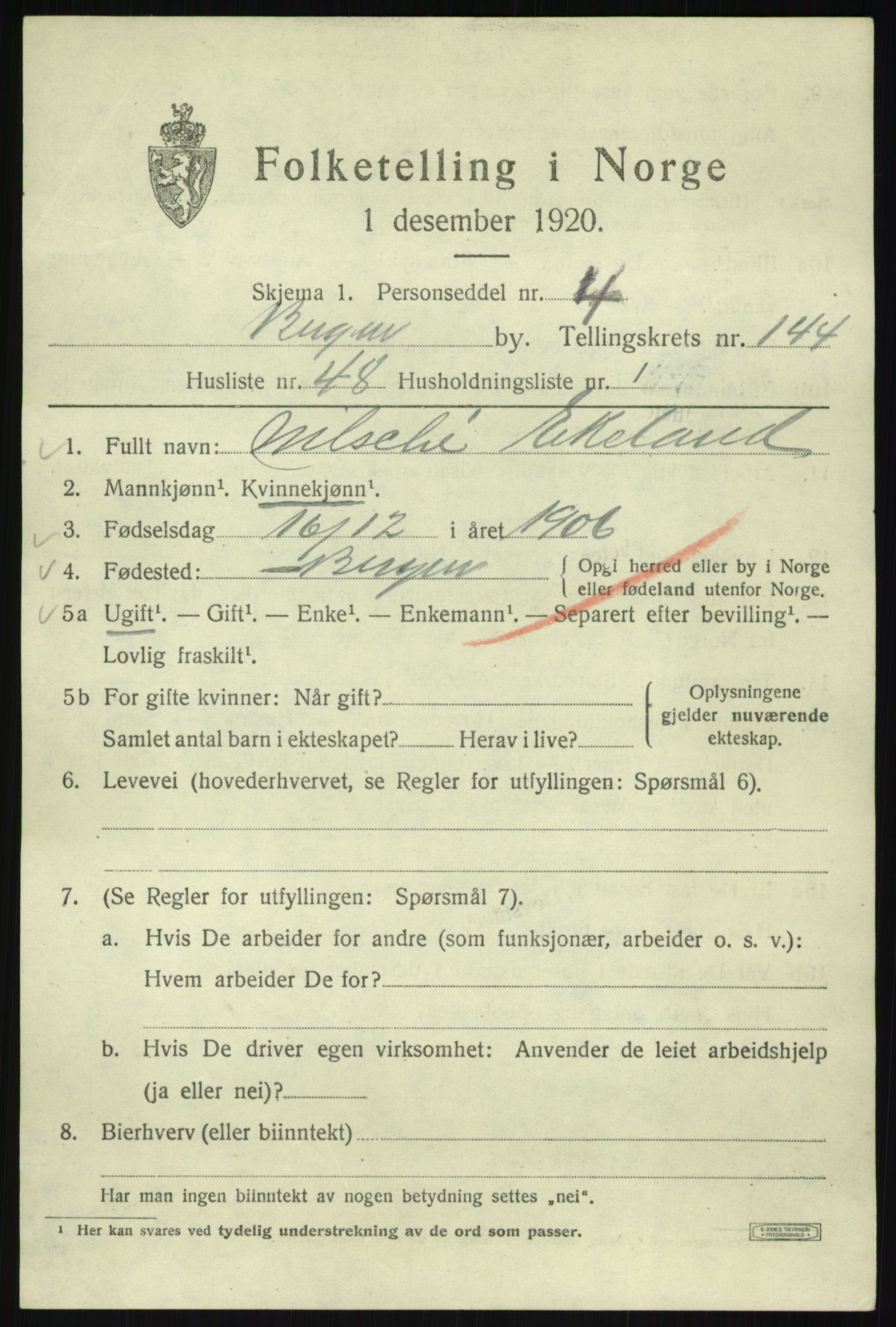 SAB, 1920 census for Bergen, 1920, p. 241598