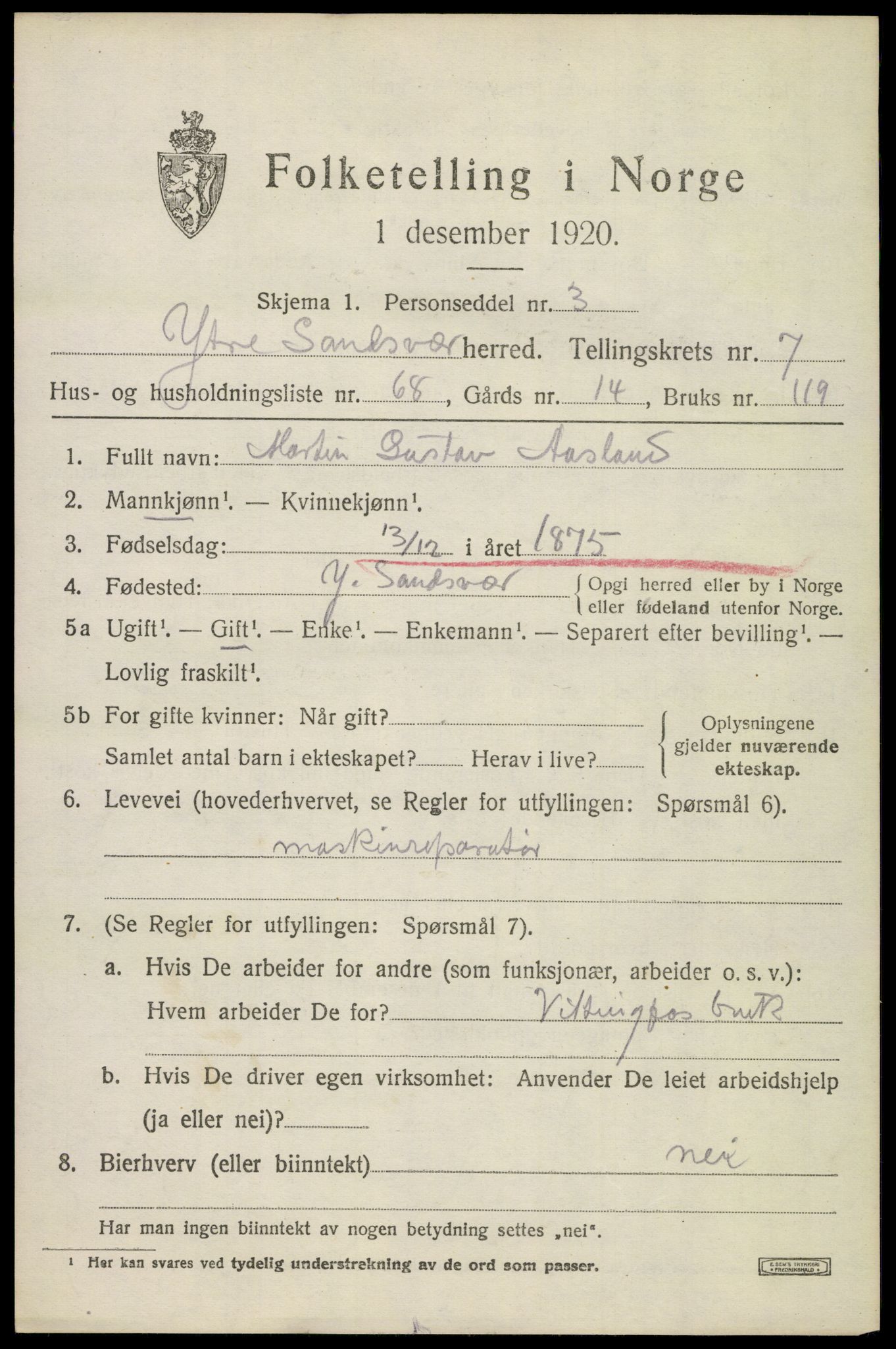 SAKO, 1920 census for Ytre Sandsvær, 1920, p. 6874