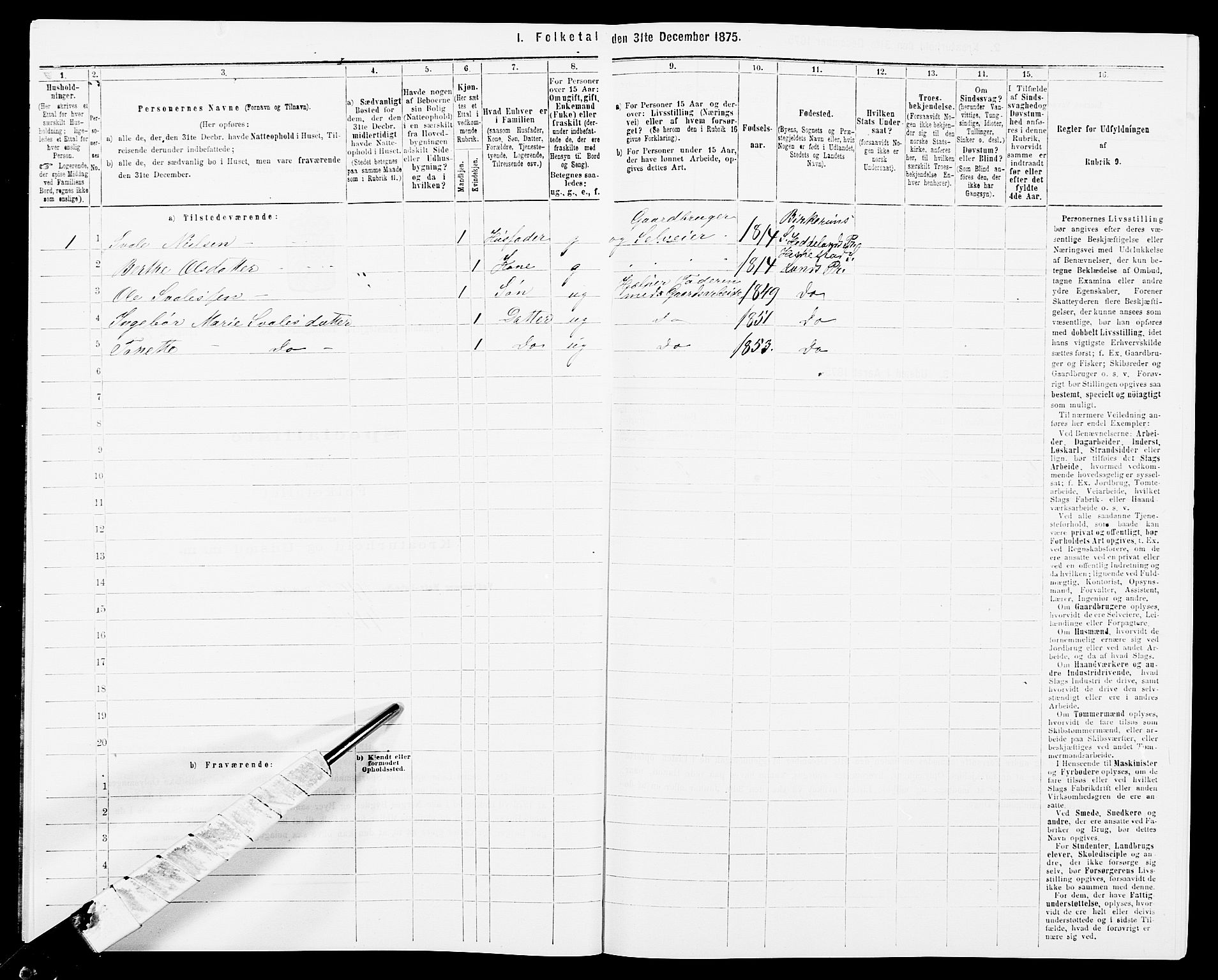 SAK, 1875 census for 1032P Lyngdal, 1875, p. 1370