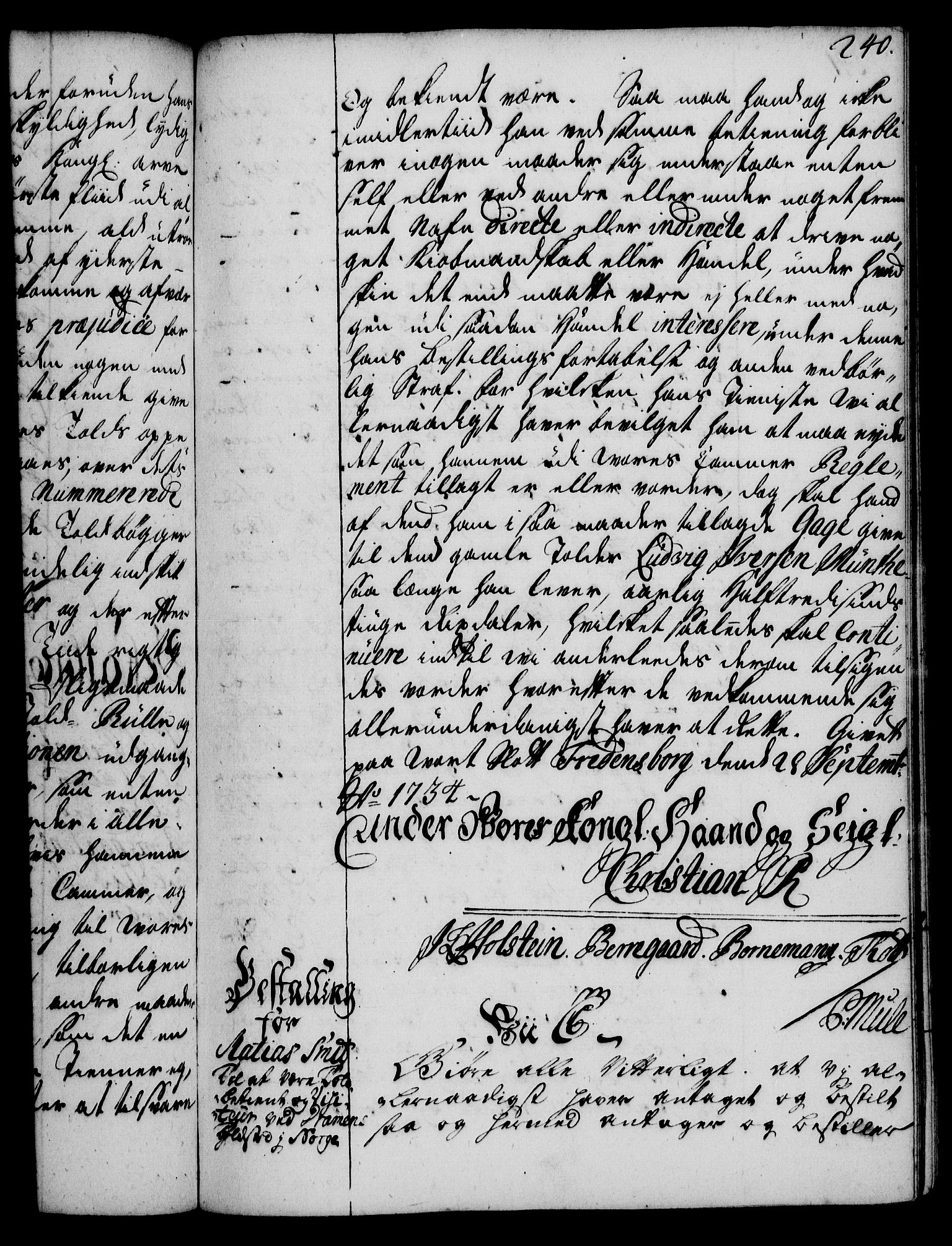 Rentekammeret, Kammerkanselliet, AV/RA-EA-3111/G/Gg/Gge/L0002: Norsk bestallingsprotokoll med register (merket RK 53.26), 1730-1744, p. 240