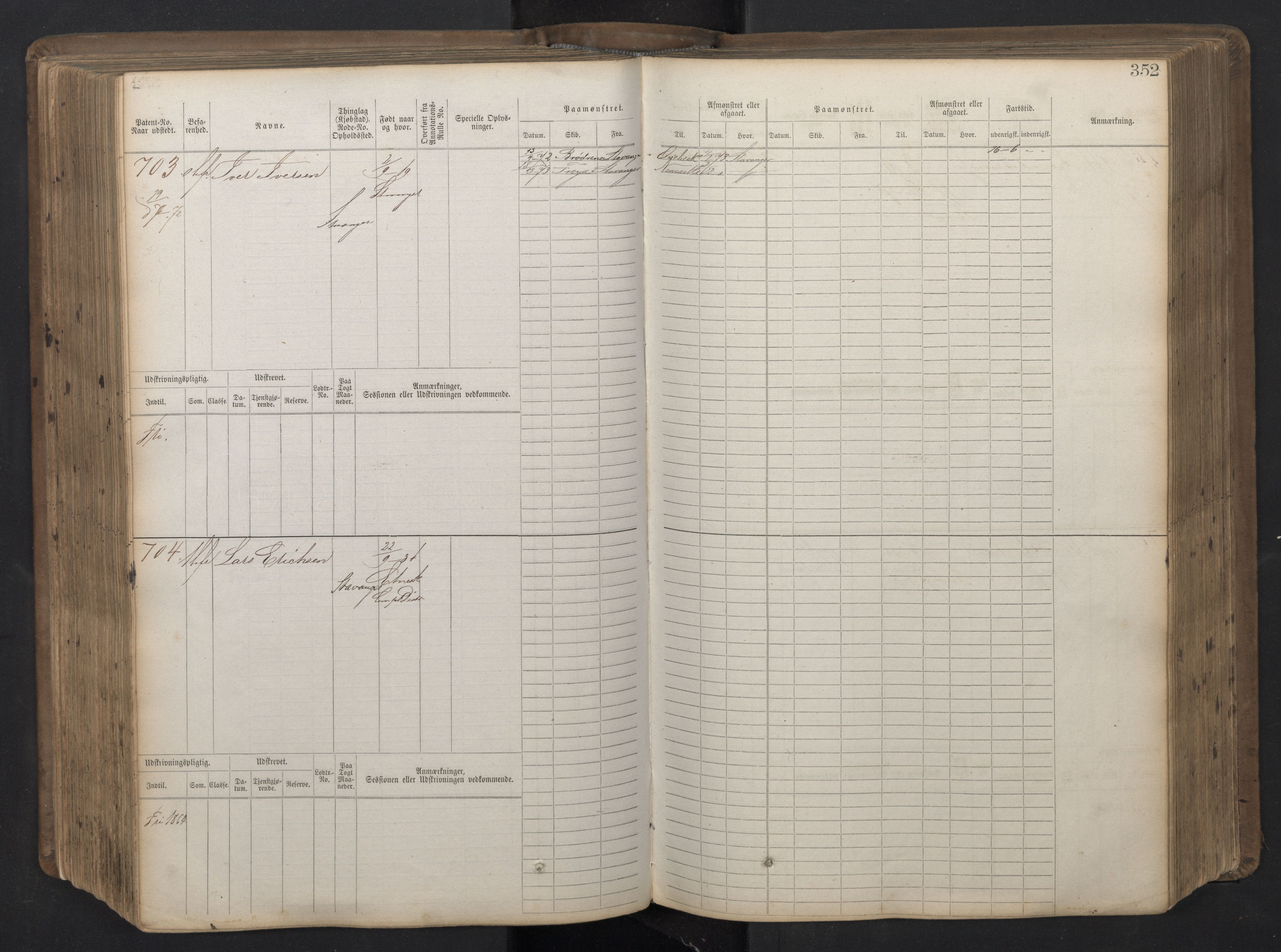 Stavanger sjømannskontor, AV/SAST-A-102006/F/Fb/Fbb/L0016: Sjøfartshovedrulle patnentnr. 1-1202 (dublett), 1869, p. 352