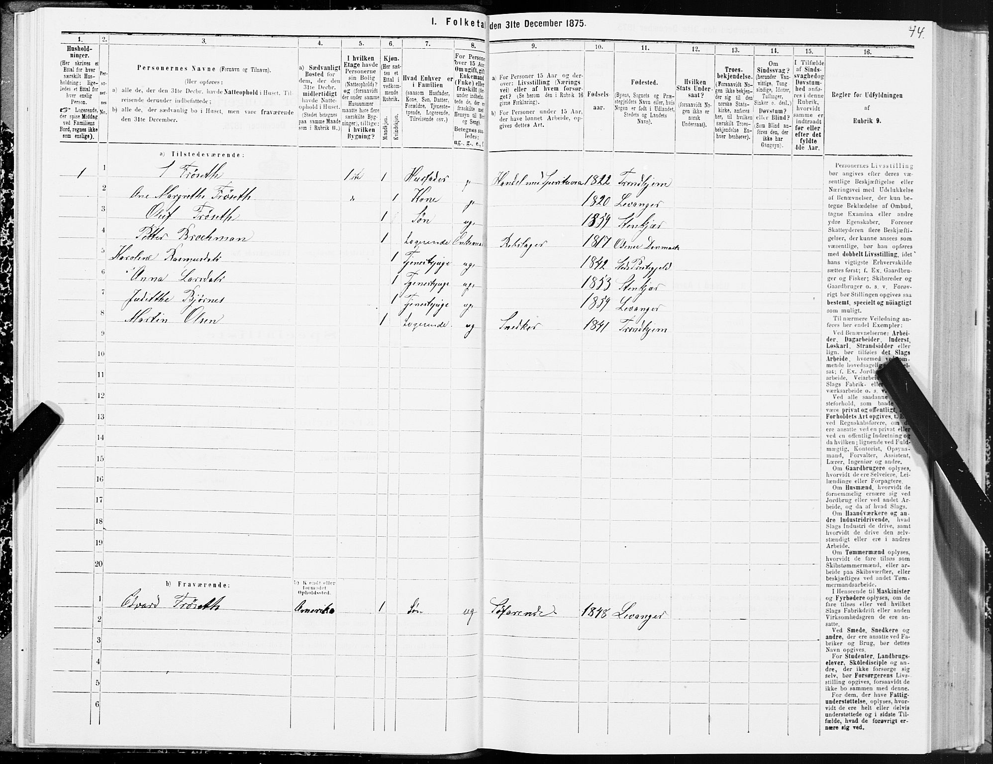 SAT, 1875 census for 1702B Steinkjer/Steinkjer, 1875, p. 44