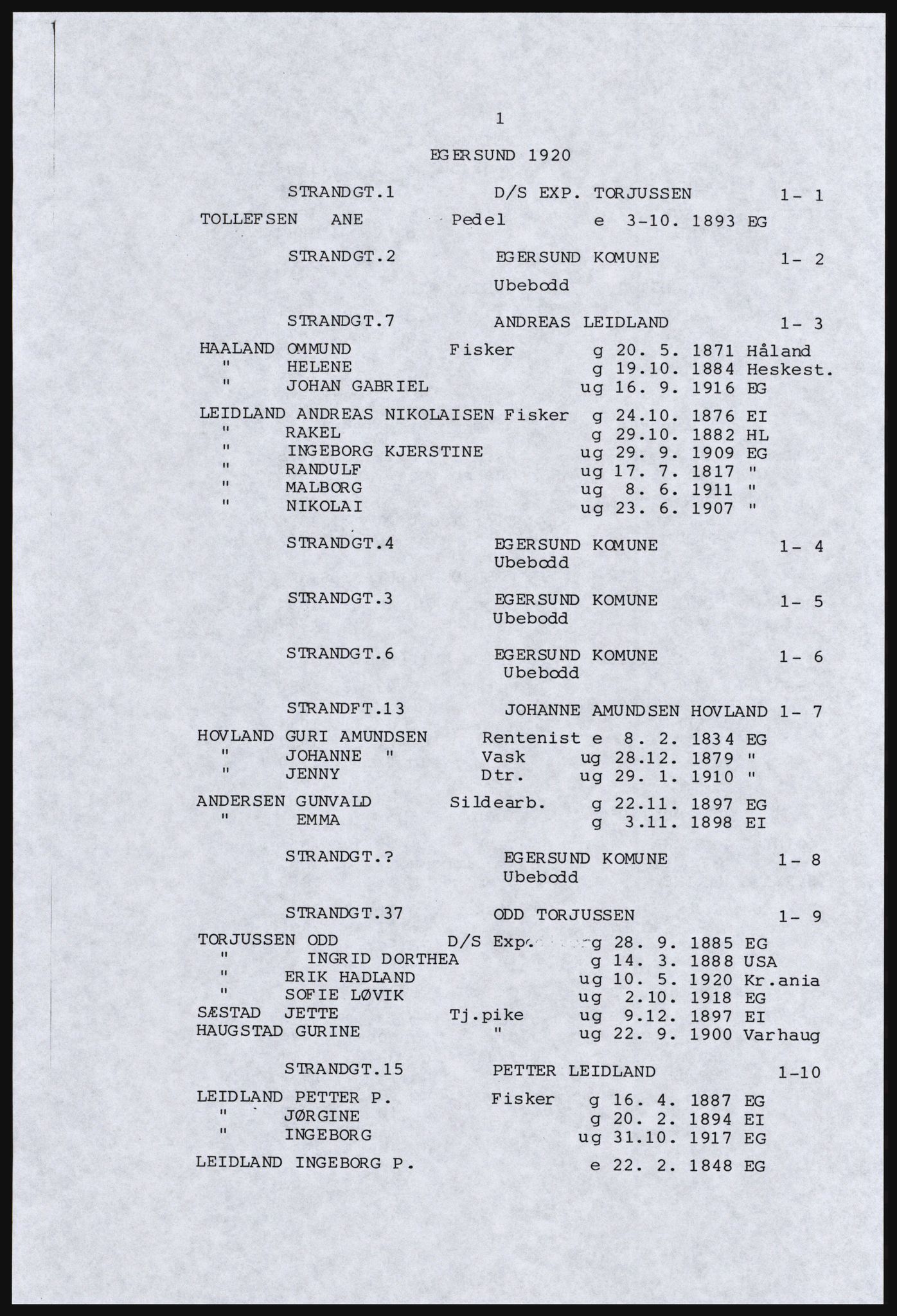 SAST, Copy of 1920 census for Dalane, 1920, p. 445