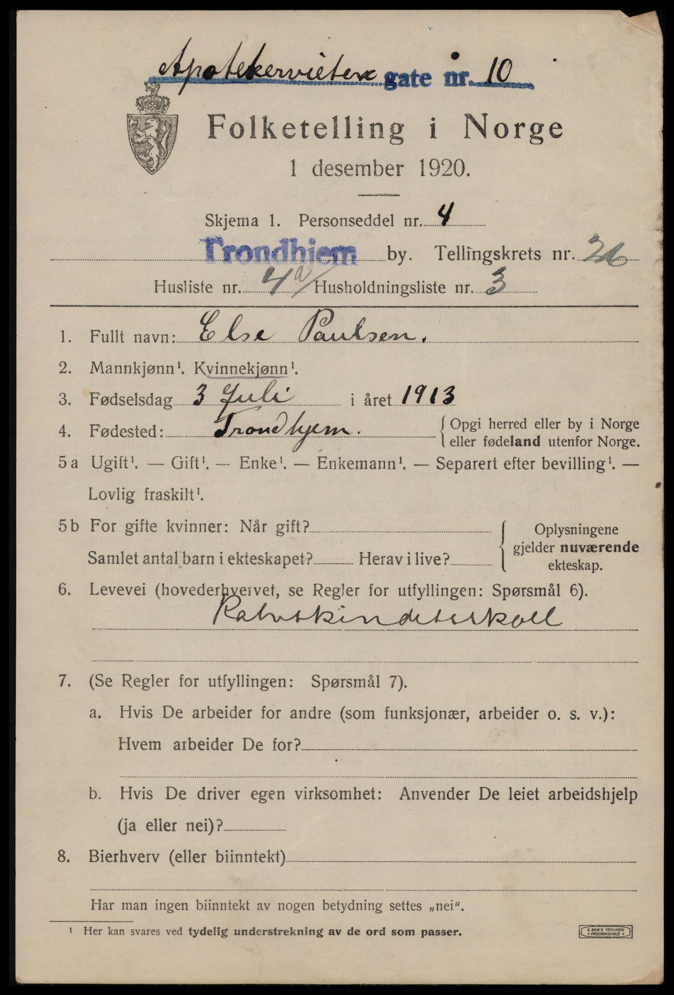 SAT, 1920 census for Trondheim, 1920, p. 68474