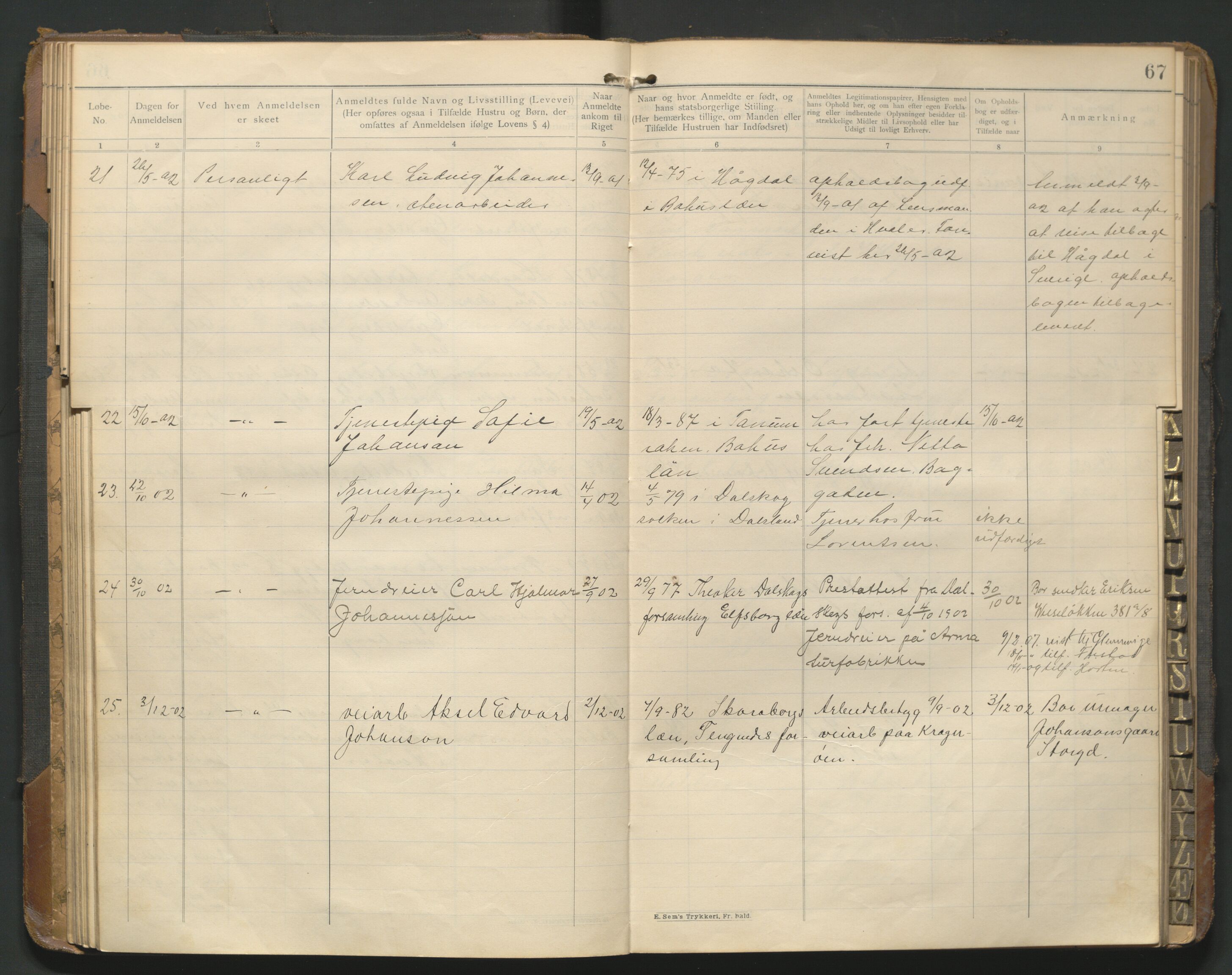 Fredrikstad politikammer, AV/SAO-A-10055/H/Hb/Hba/L0001: Protokoll over fremmede statsborgere, 1901-1916, p. 66b-67a