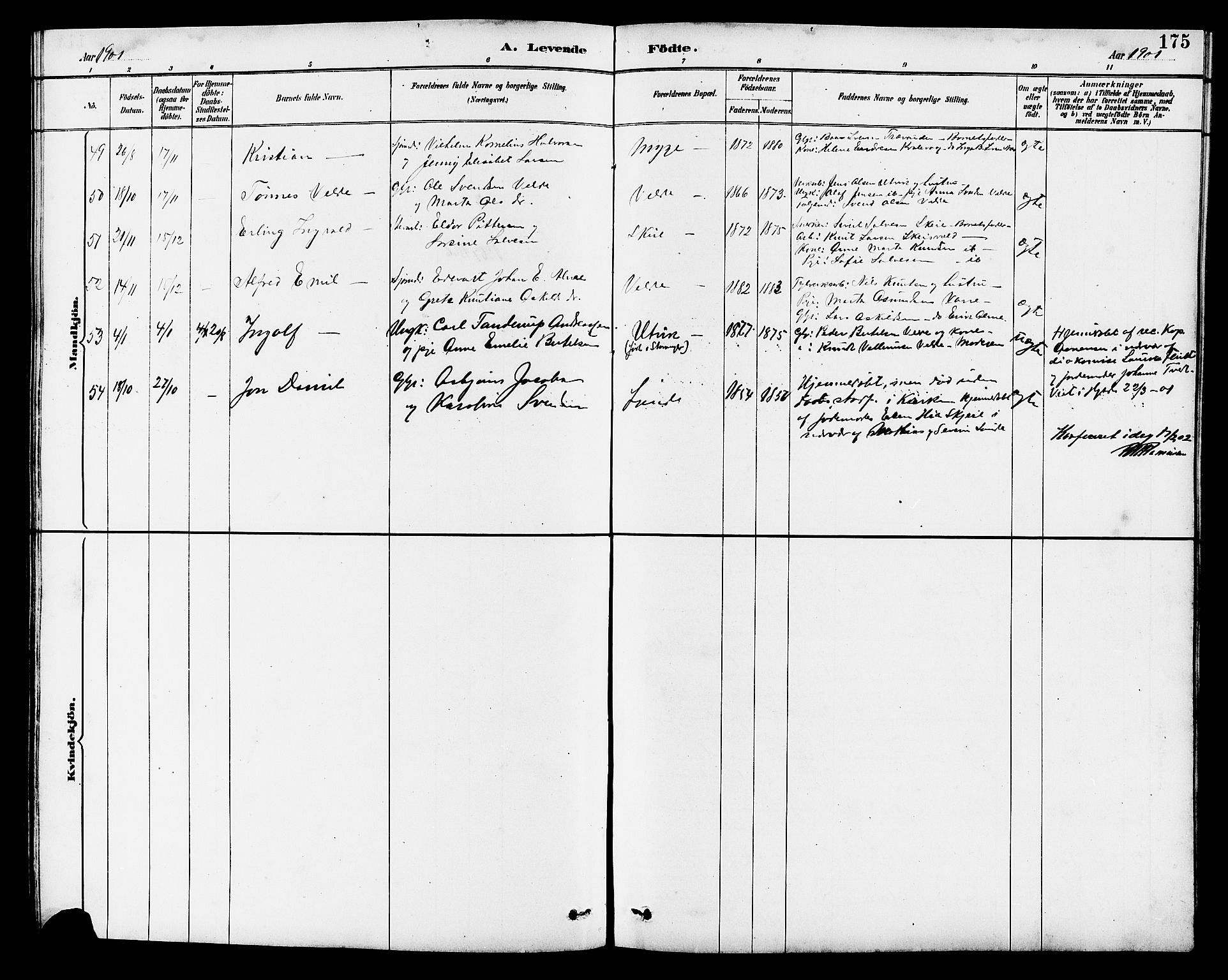 Avaldsnes sokneprestkontor, AV/SAST-A -101851/H/Ha/Hab/L0007: Parish register (copy) no. B 7, 1885-1909, p. 175