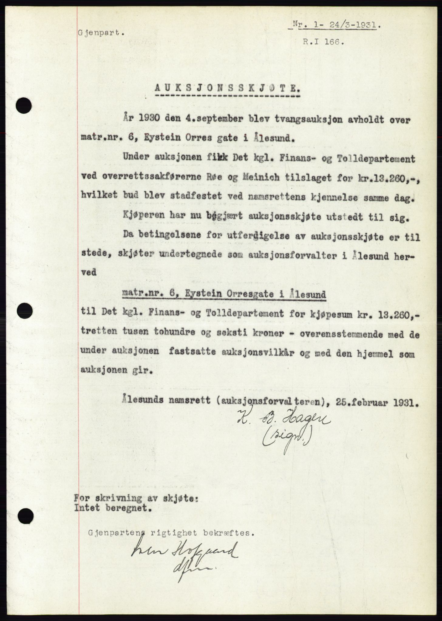 Ålesund byfogd, AV/SAT-A-4384: Mortgage book no. 27, 1930-1931, Deed date: 24.03.1931