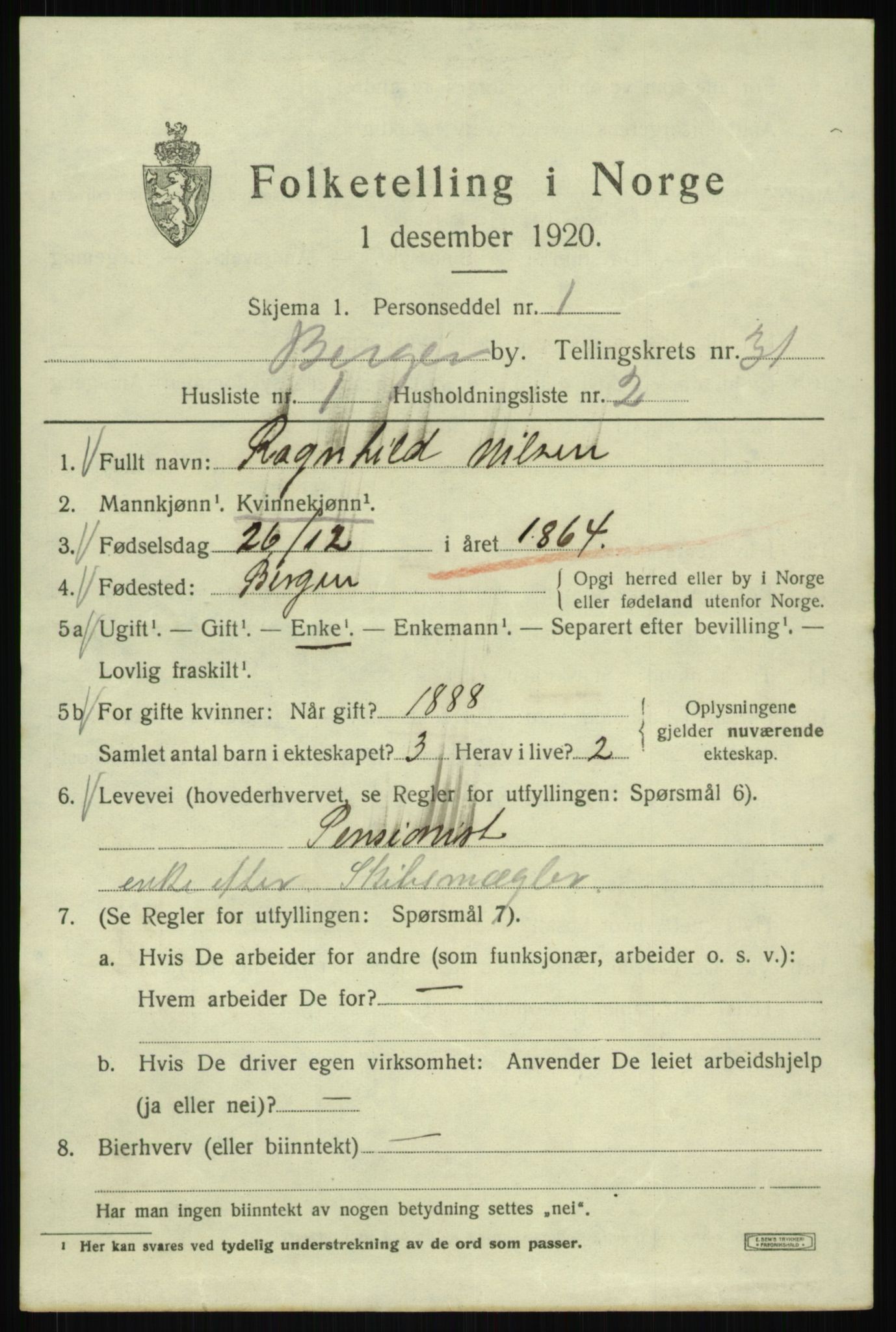 SAB, 1920 census for Bergen, 1920, p. 96110