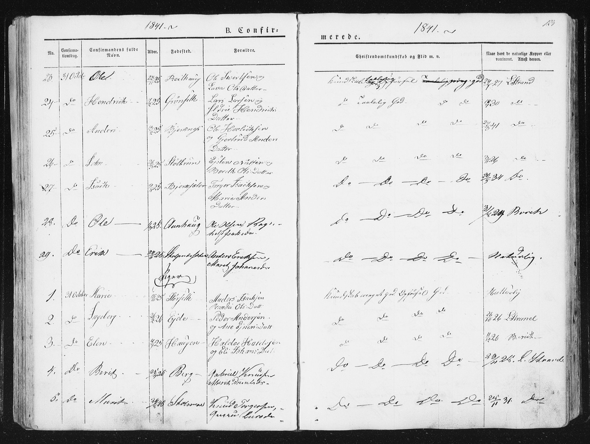 Ministerialprotokoller, klokkerbøker og fødselsregistre - Sør-Trøndelag, AV/SAT-A-1456/630/L0493: Parish register (official) no. 630A06, 1841-1851, p. 123