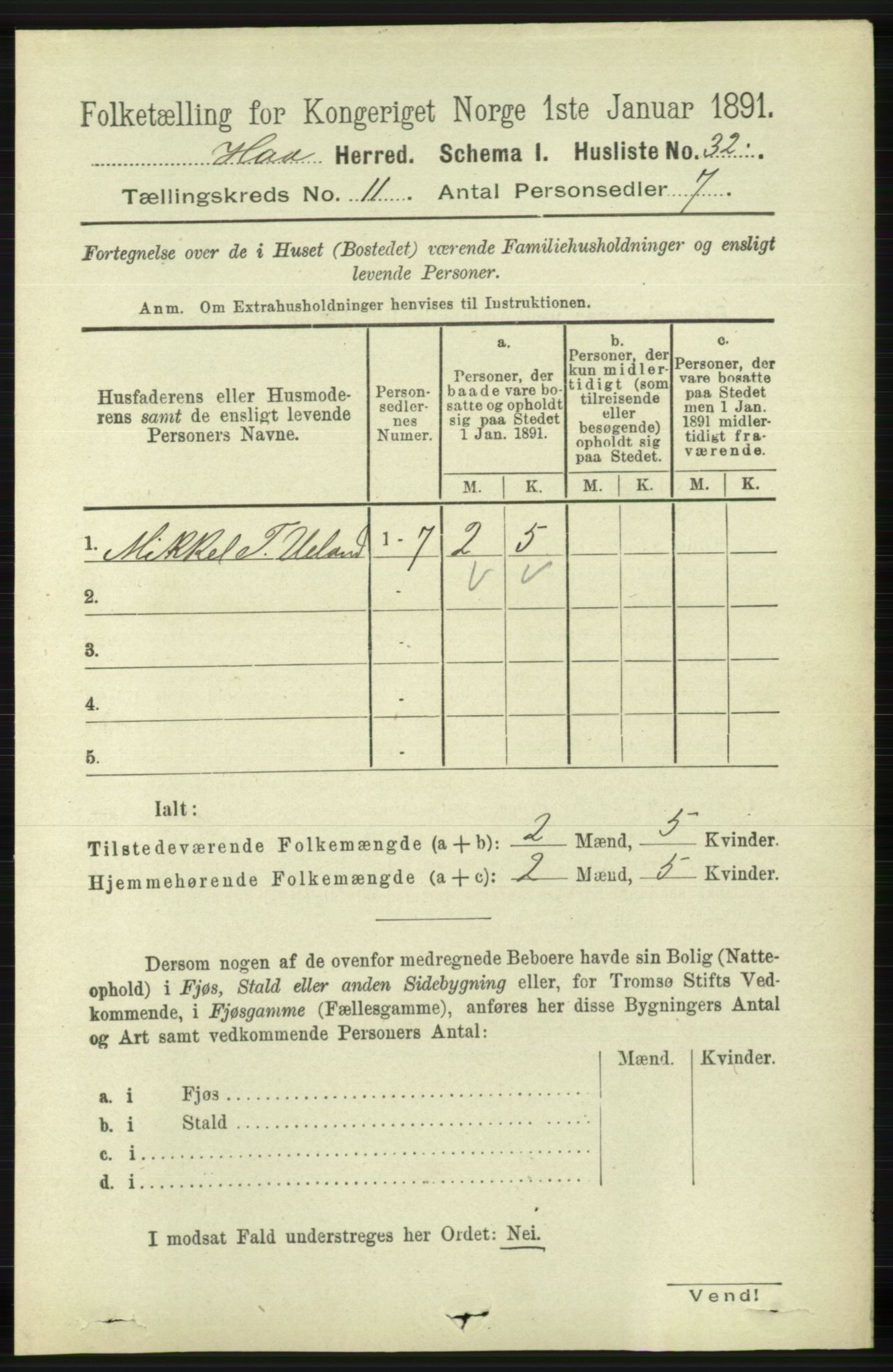 RA, 1891 census for 1119 Hå, 1891, p. 2625