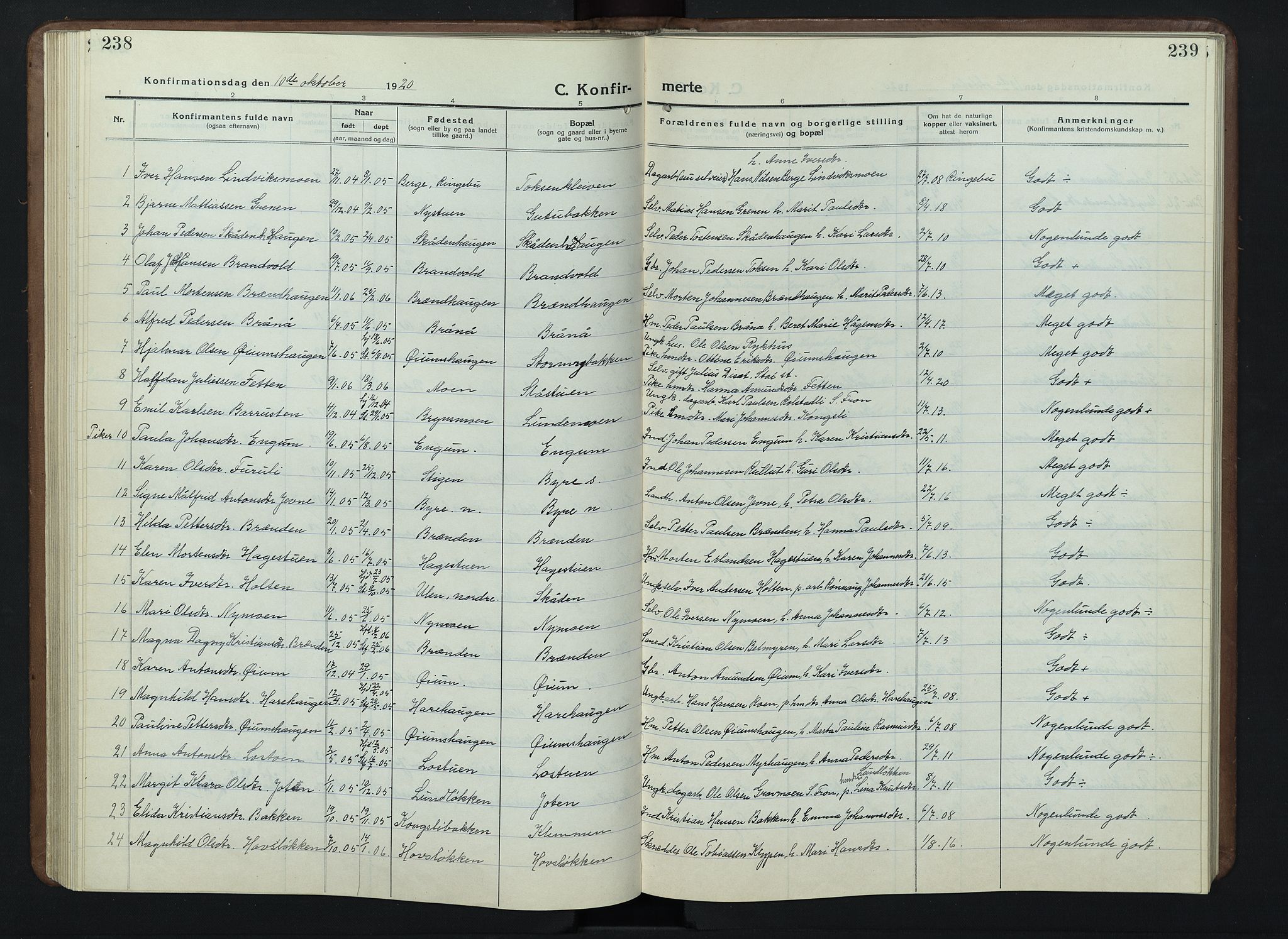 Nord-Fron prestekontor, SAH/PREST-080/H/Ha/Hab/L0007: Parish register (copy) no. 7, 1915-1946, p. 238-239
