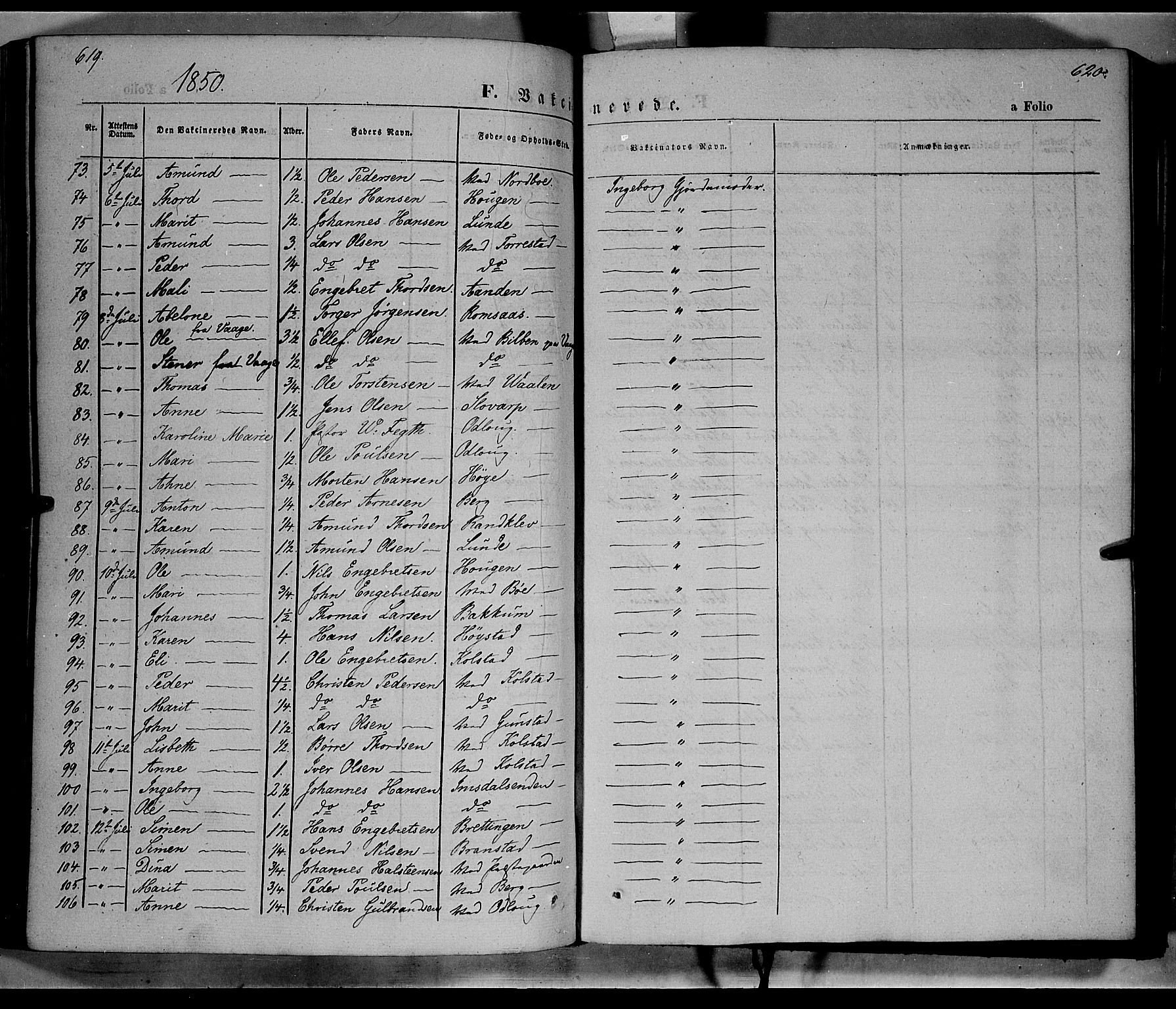 Ringebu prestekontor, SAH/PREST-082/H/Ha/Haa/L0006: Parish register (official) no. 6, 1848-1859, p. 619-620