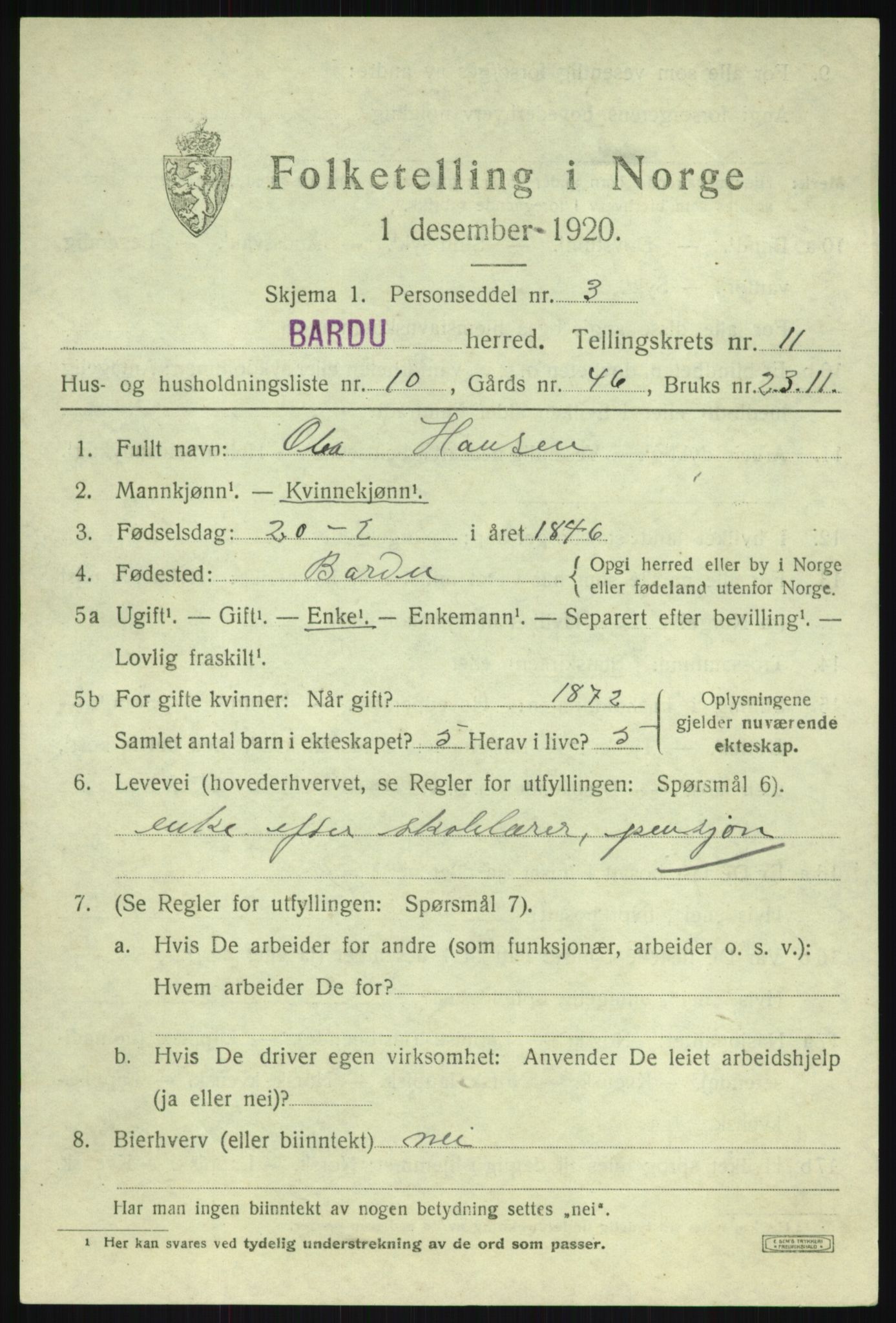 SATØ, 1920 census for Bardu, 1920, p. 3607