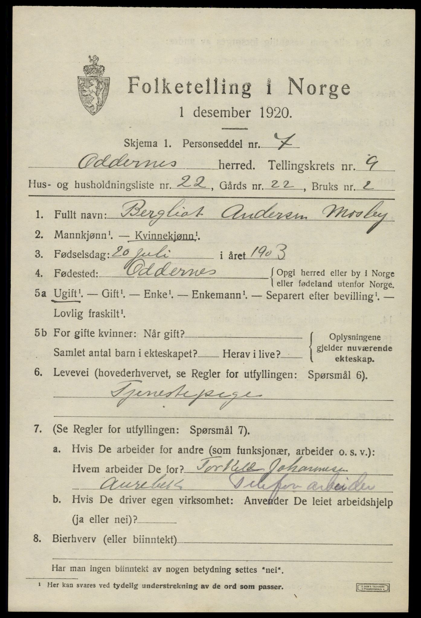SAK, 1920 census for Oddernes, 1920, p. 6281