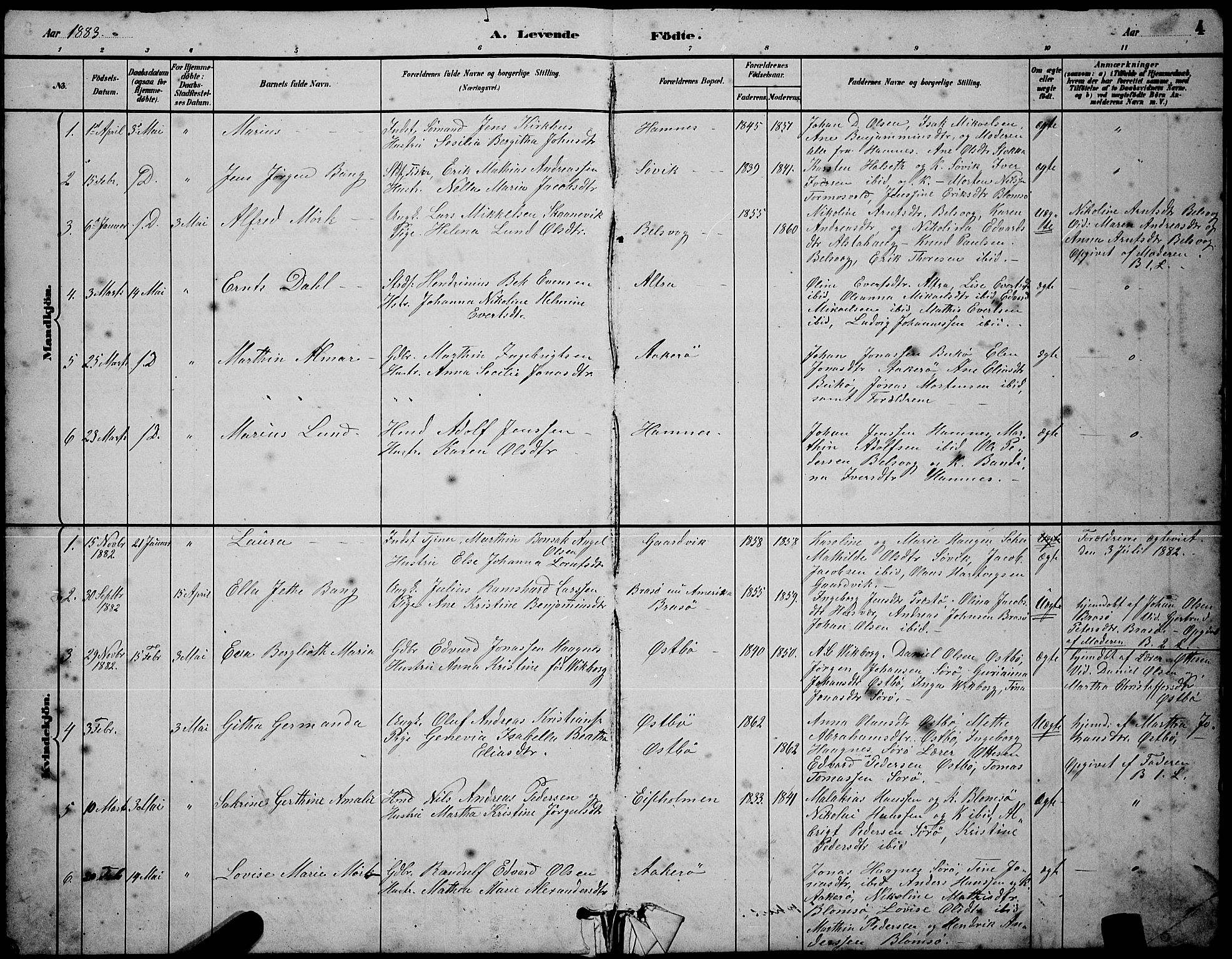 Ministerialprotokoller, klokkerbøker og fødselsregistre - Nordland, SAT/A-1459/830/L0462: Parish register (copy) no. 830C04, 1882-1895, p. 4