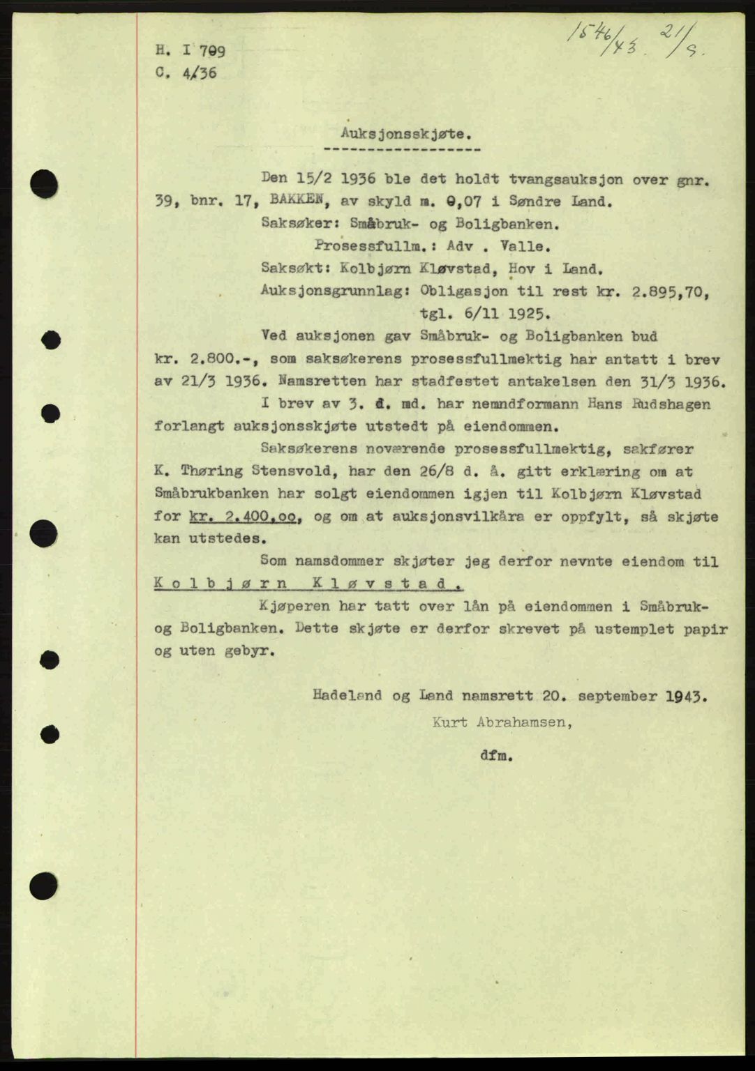 Hadeland og Land tingrett, AV/SAH-TING-010/H/Hb/Hbb/L0085: Mortgage book no. A85, 1943-1943, Diary no: : 1546/1943