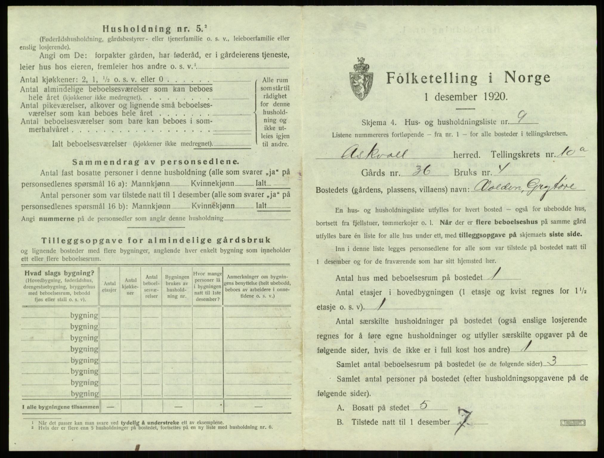 SAB, 1920 census for Askvoll, 1920, p. 540