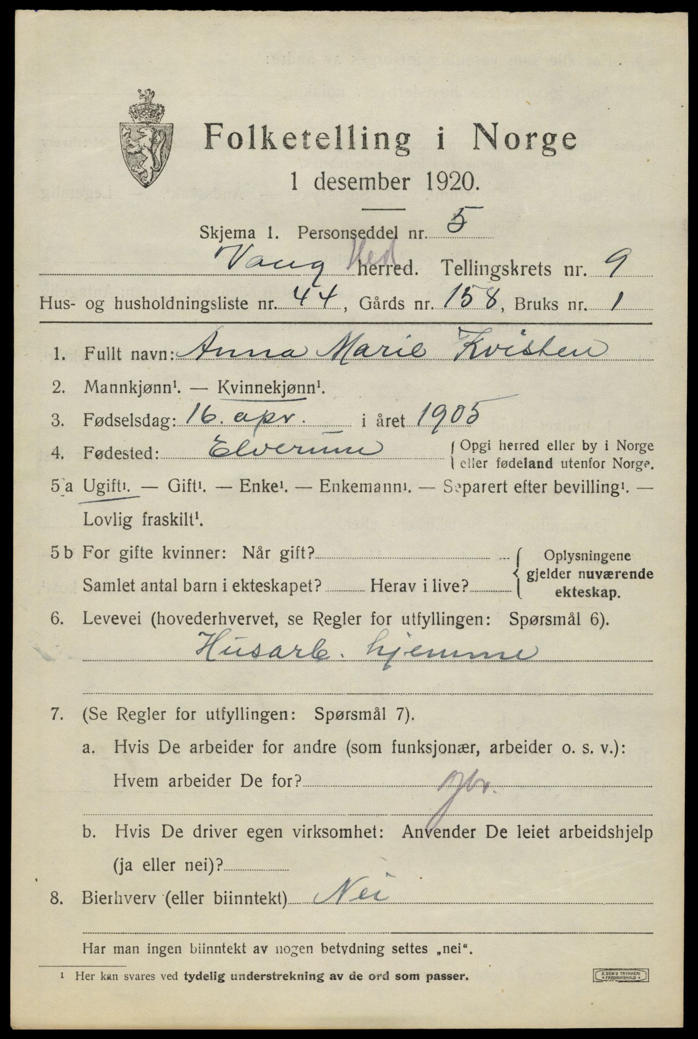 SAH, 1920 census for Vang (Hedmark), 1920, p. 18627