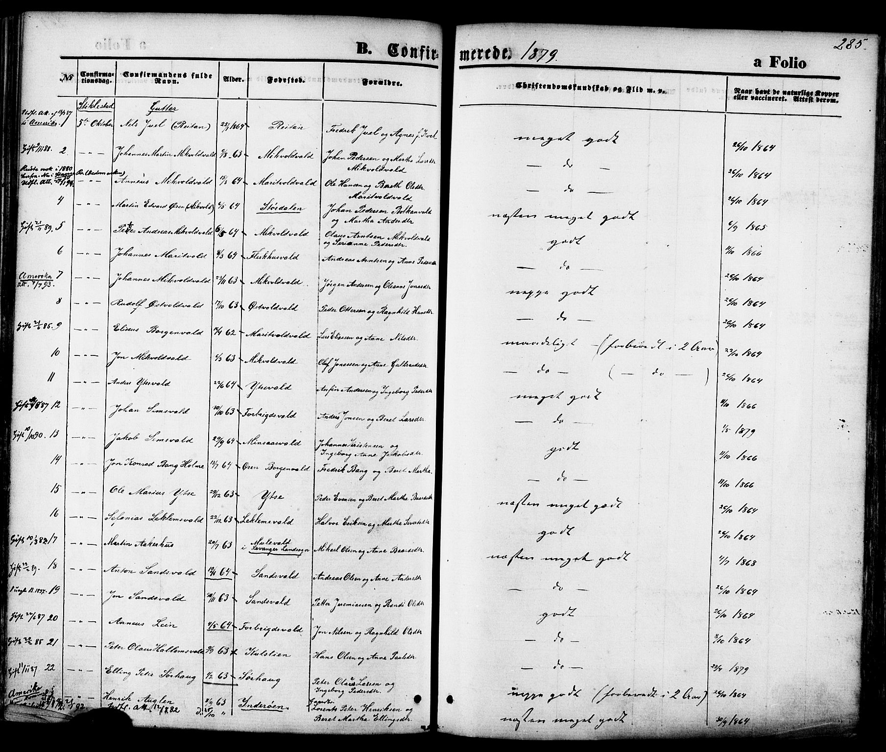 Ministerialprotokoller, klokkerbøker og fødselsregistre - Nord-Trøndelag, SAT/A-1458/723/L0242: Parish register (official) no. 723A11, 1870-1880, p. 285