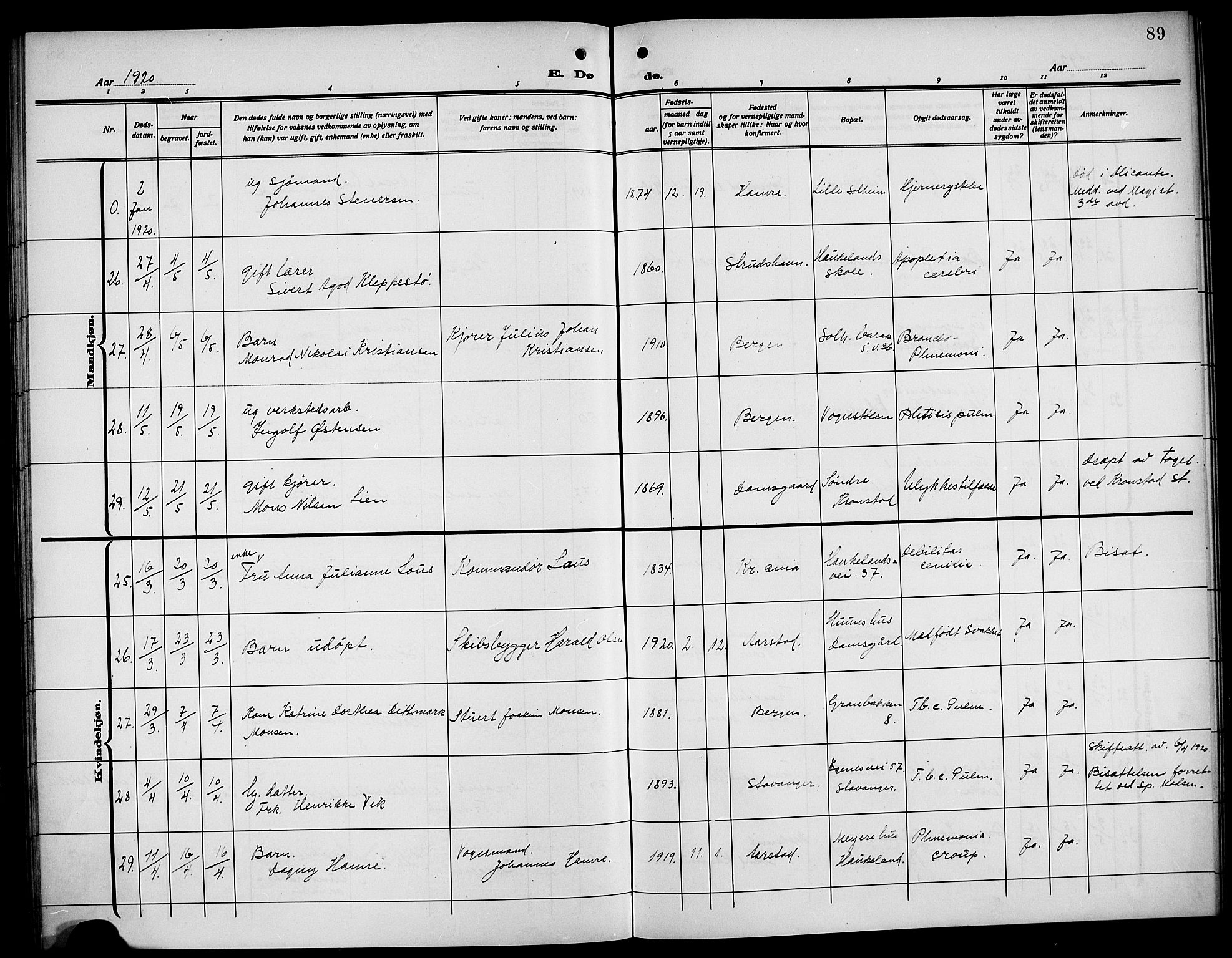 Årstad Sokneprestembete, AV/SAB-A-79301/H/Hab/L0024: Parish register (copy) no. D 1, 1915-1922, p. 89