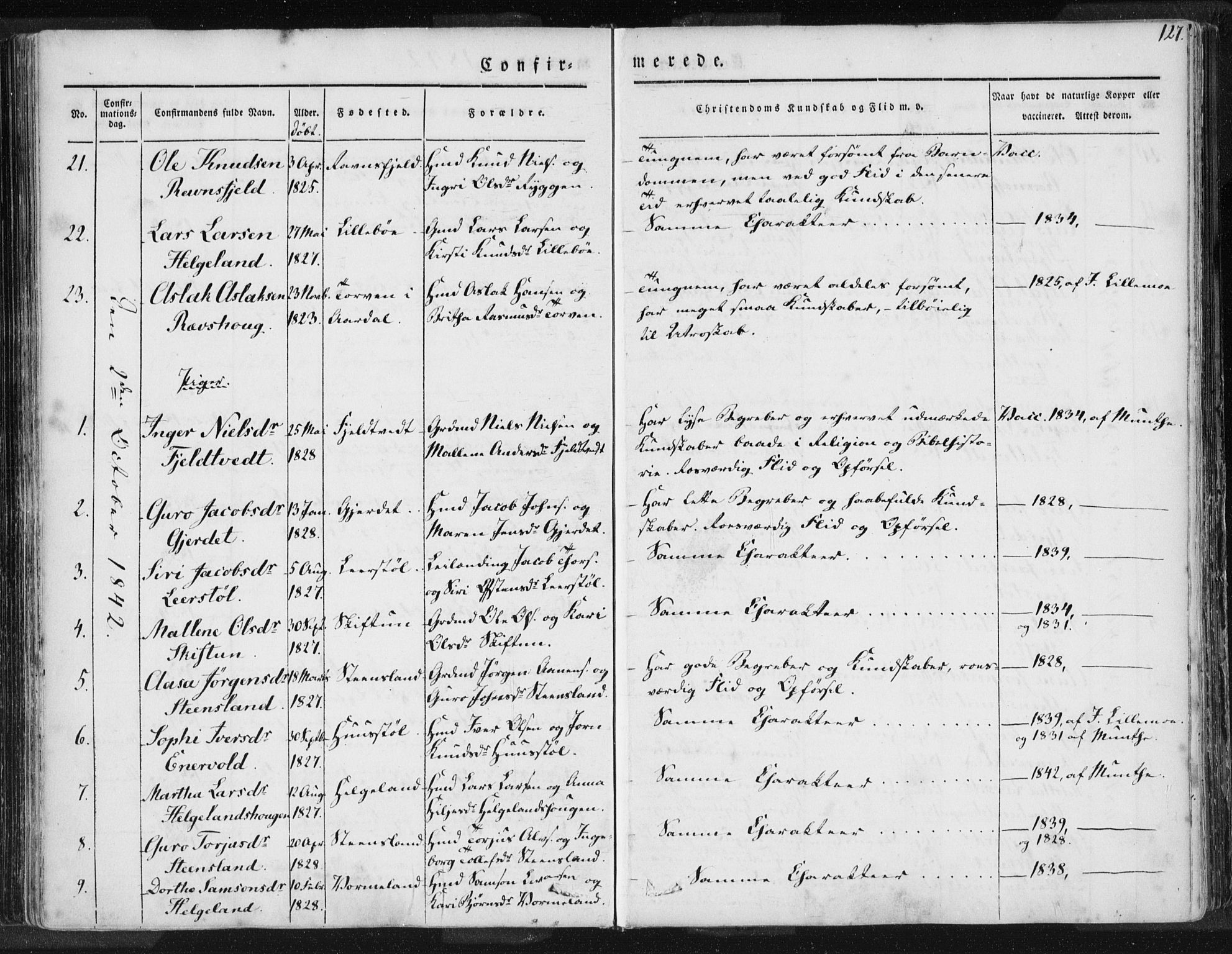 Hjelmeland sokneprestkontor, SAST/A-101843/01/IV/L0006: Parish register (official) no. A 6, 1834-1845, p. 127