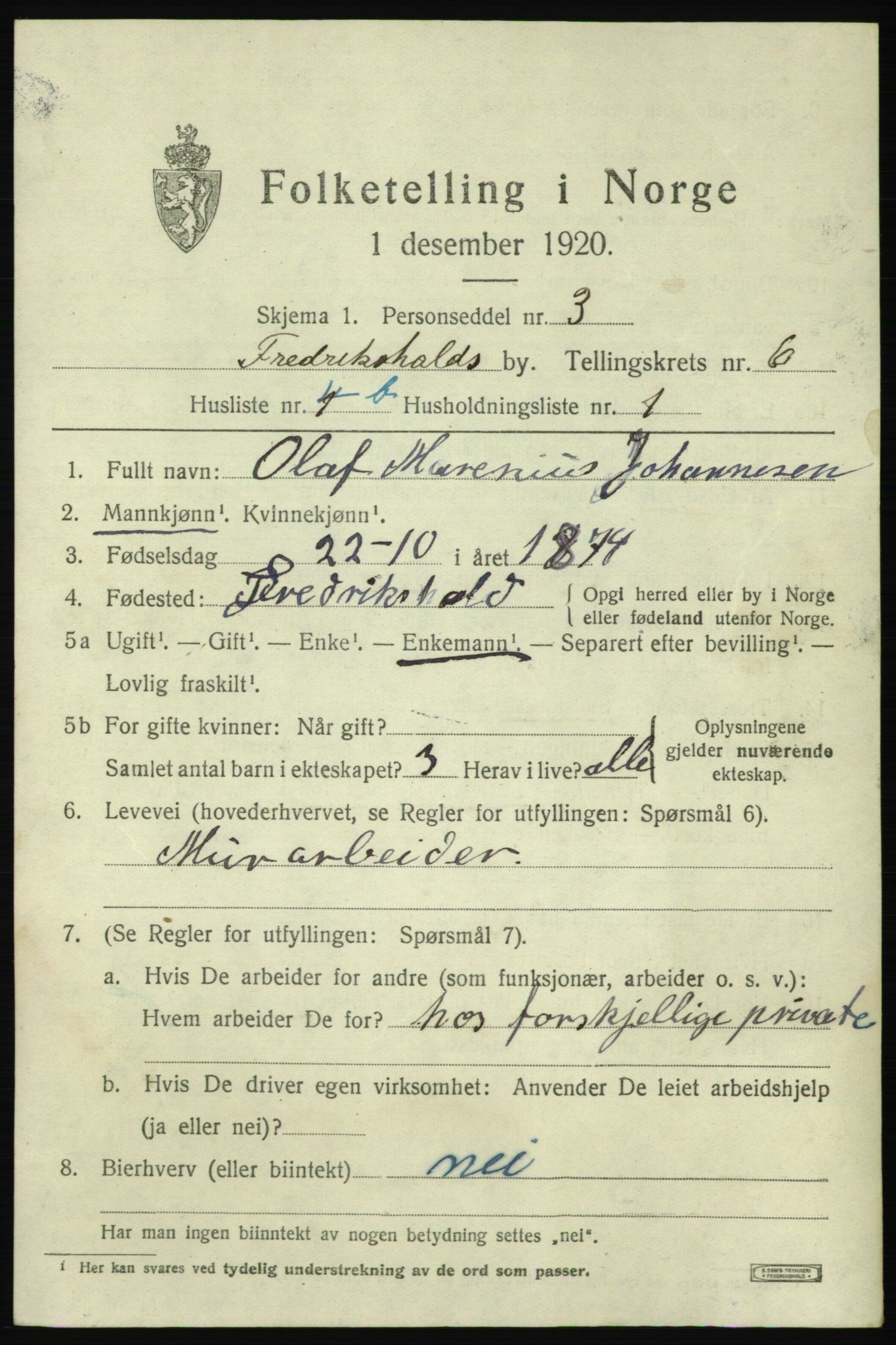 SAO, 1920 census for Fredrikshald, 1920, p. 12894