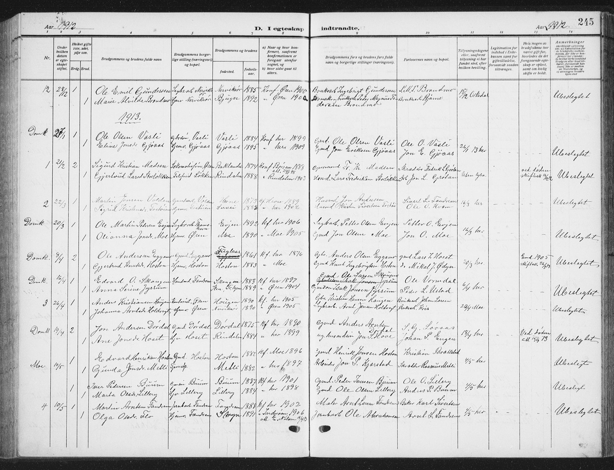 Ministerialprotokoller, klokkerbøker og fødselsregistre - Sør-Trøndelag, SAT/A-1456/668/L0820: Parish register (copy) no. 668C09, 1912-1936, p. 245