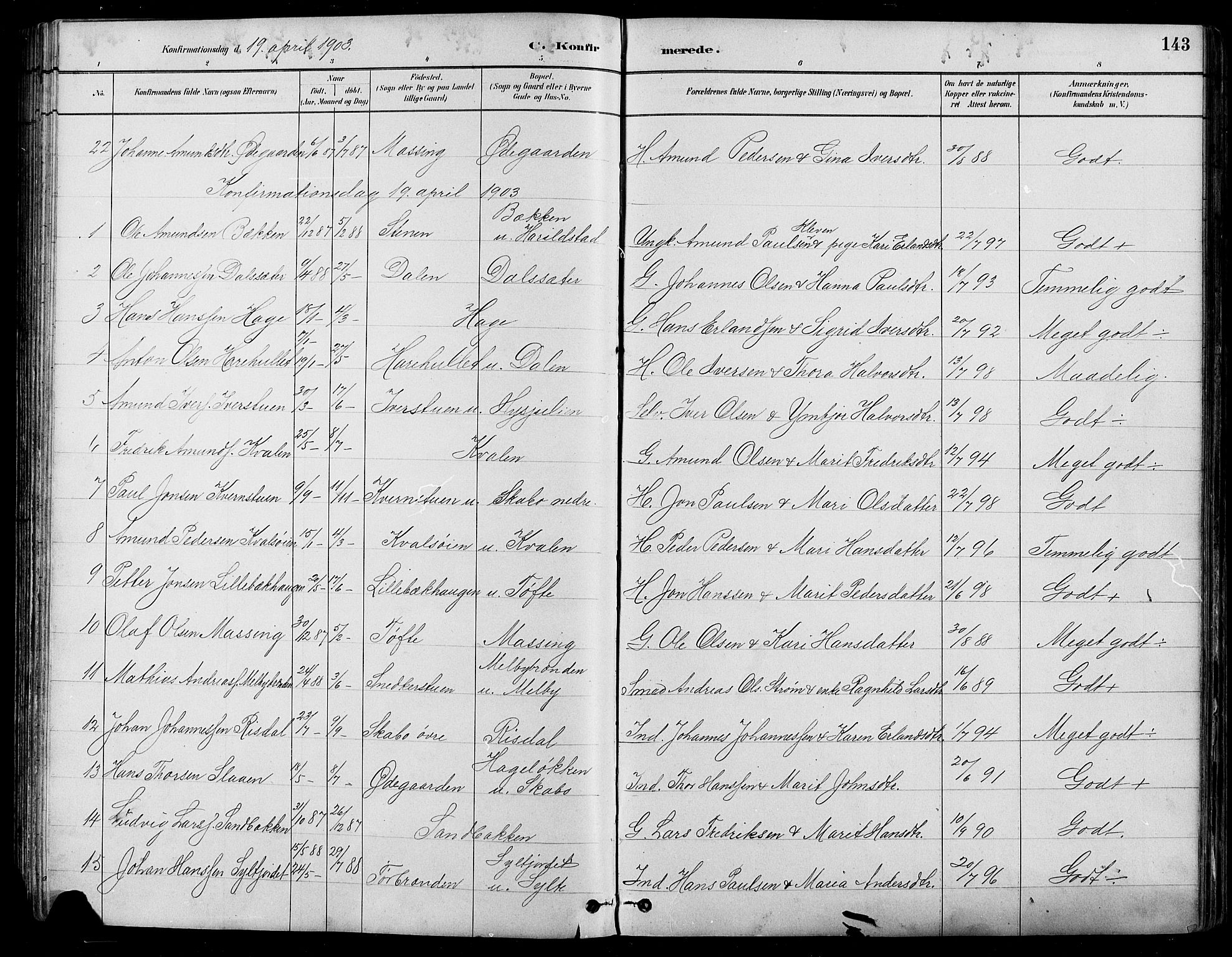 Nord-Fron prestekontor, SAH/PREST-080/H/Ha/Hab/L0005: Parish register (copy) no. 5, 1884-1914, p. 143