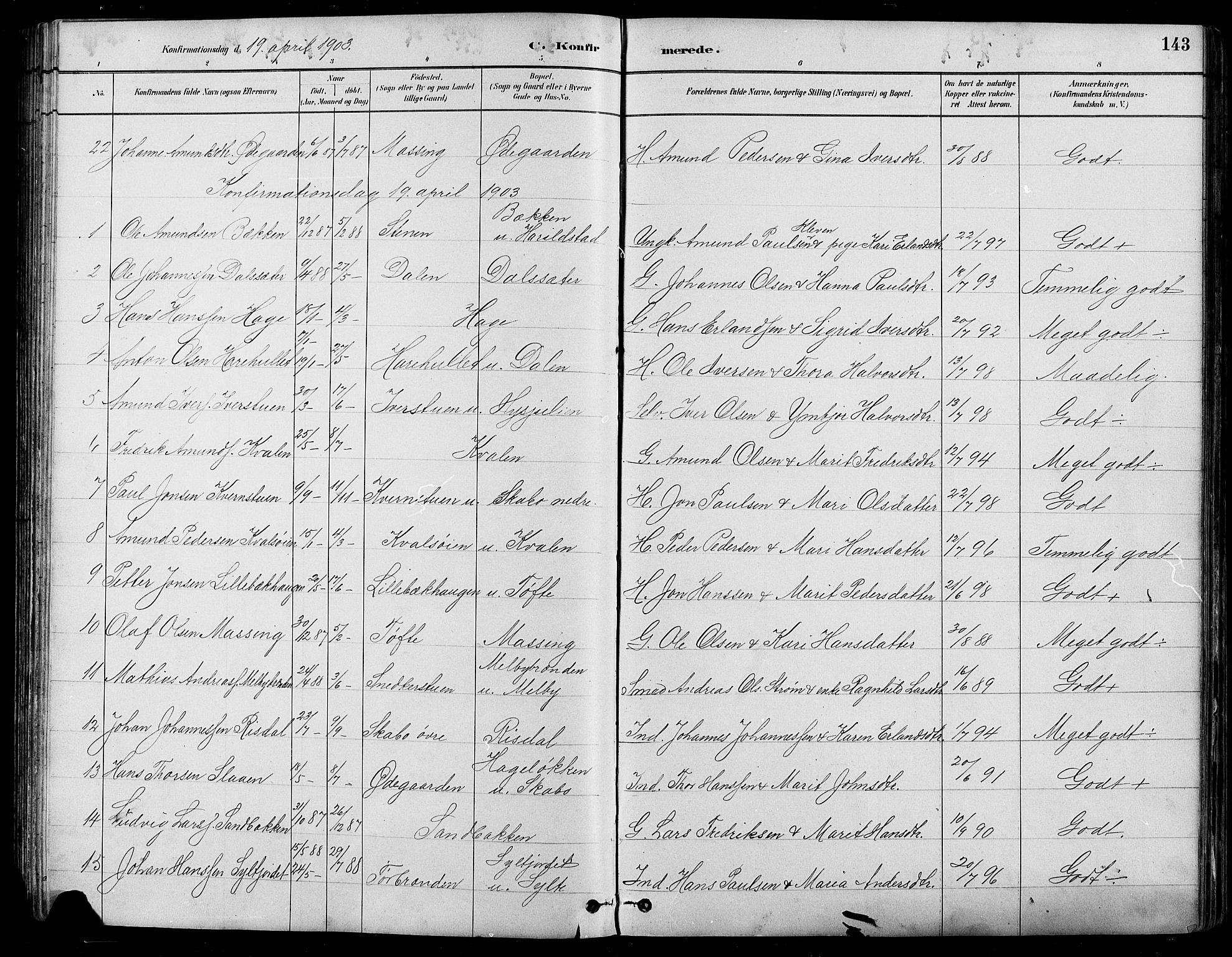 Nord-Fron prestekontor, AV/SAH-PREST-080/H/Ha/Hab/L0005: Parish register (copy) no. 5, 1884-1914, p. 143