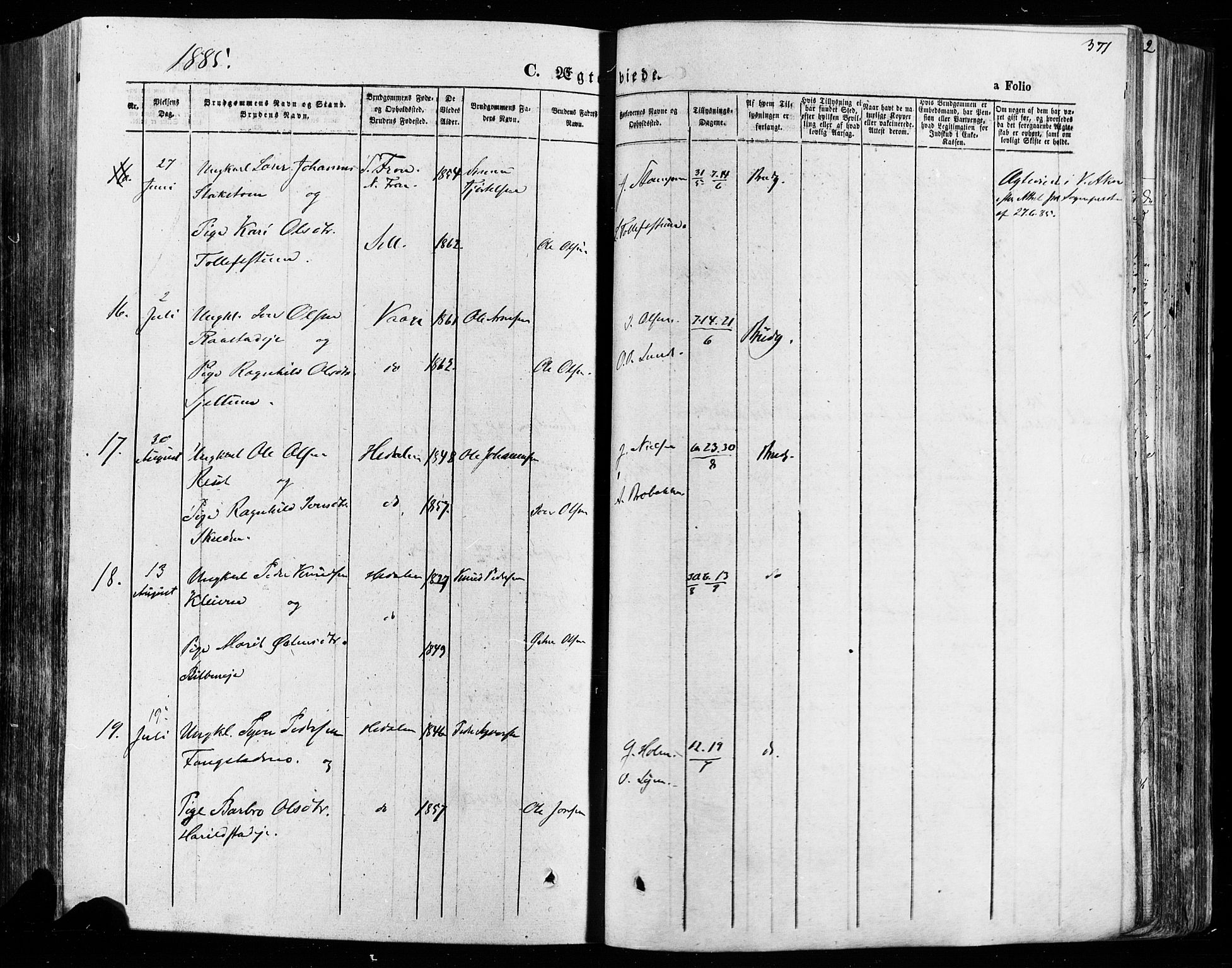 Vågå prestekontor, AV/SAH-PREST-076/H/Ha/Haa/L0007: Parish register (official) no. 7 /1, 1872-1886, p. 371