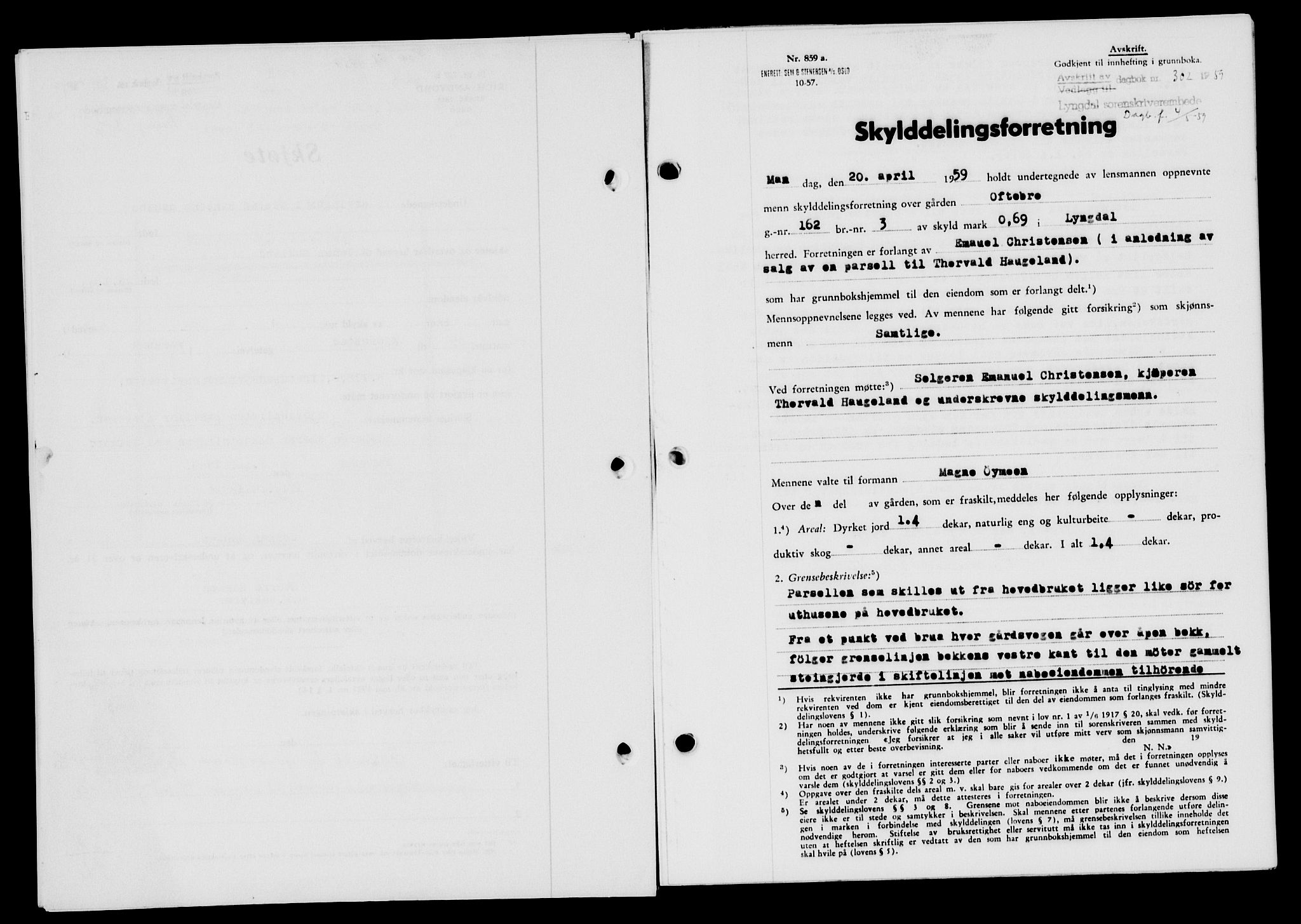 Lyngdal sorenskriveri, AV/SAK-1221-0004/G/Gb/L0678: Mortgage book no. A XXIV, 1958-1959, Diary no: : 302/1959