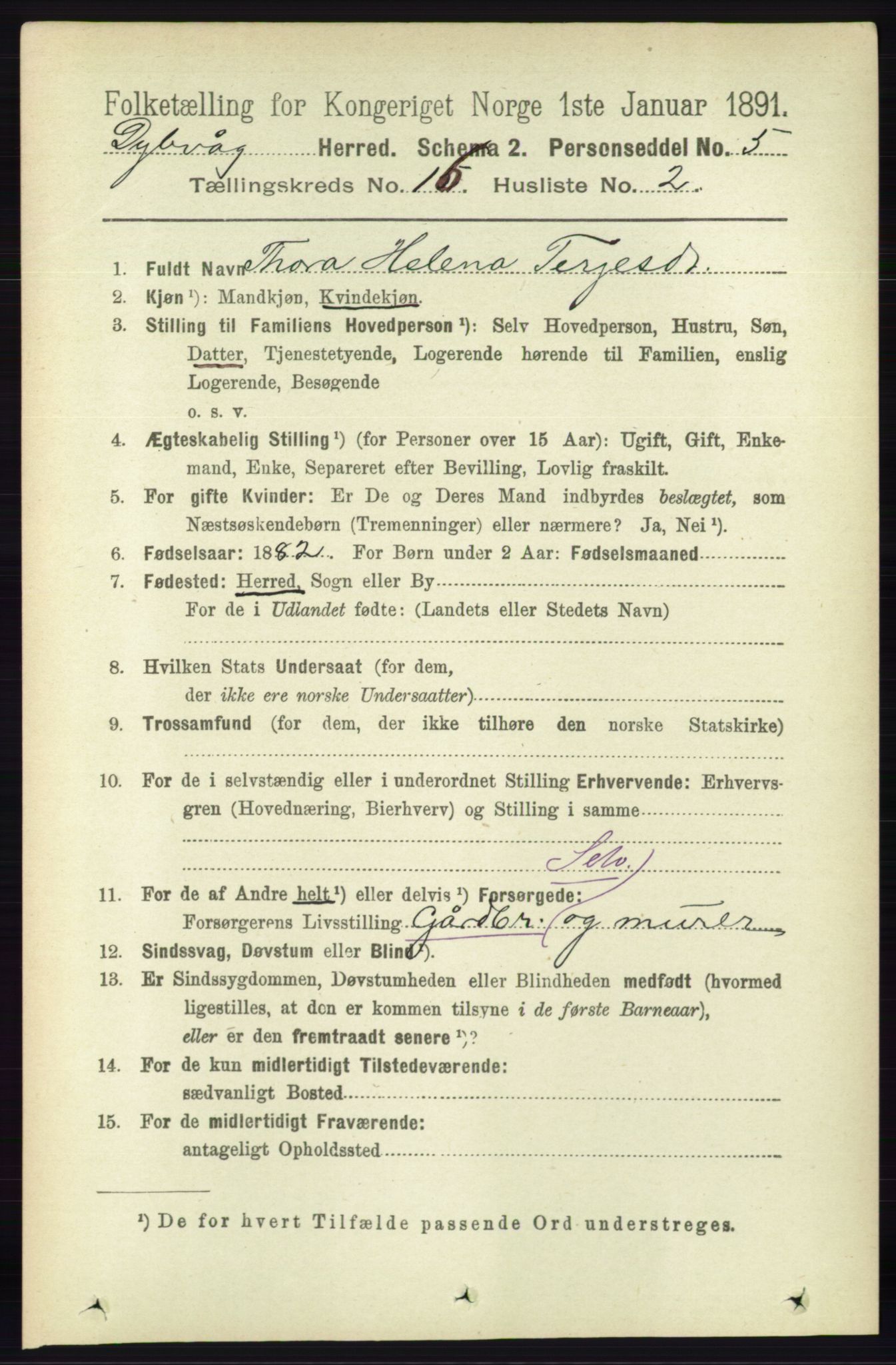 RA, 1891 census for 0915 Dypvåg, 1891, p. 6405