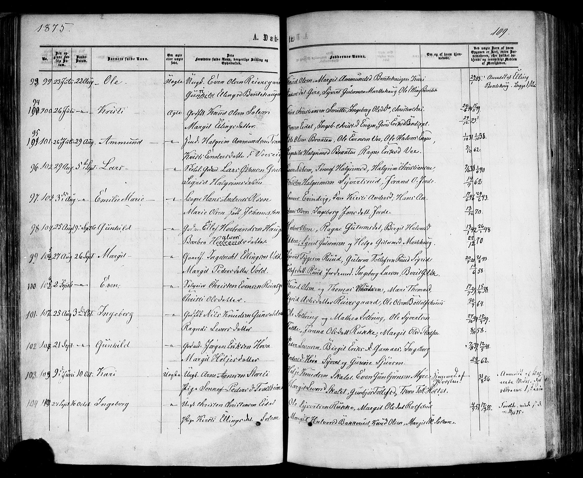 Nes kirkebøker, AV/SAKO-A-236/F/Fa/L0010: Parish register (official) no. 10, 1864-1880, p. 109