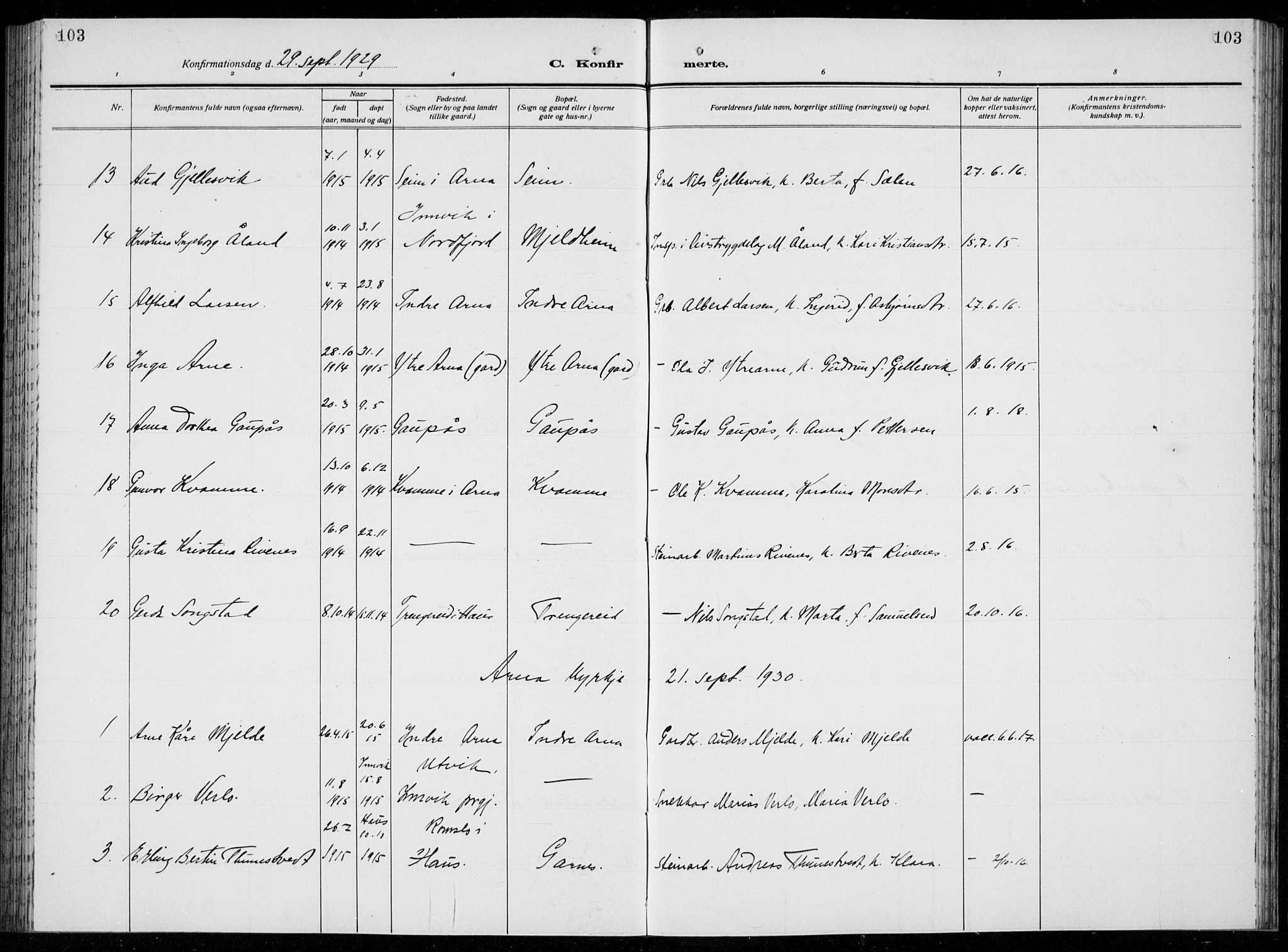 Arna Sokneprestembete, SAB/A-74001/H/Ha/Hab: Parish register (copy) no. A  6, 1922-1936, p. 103