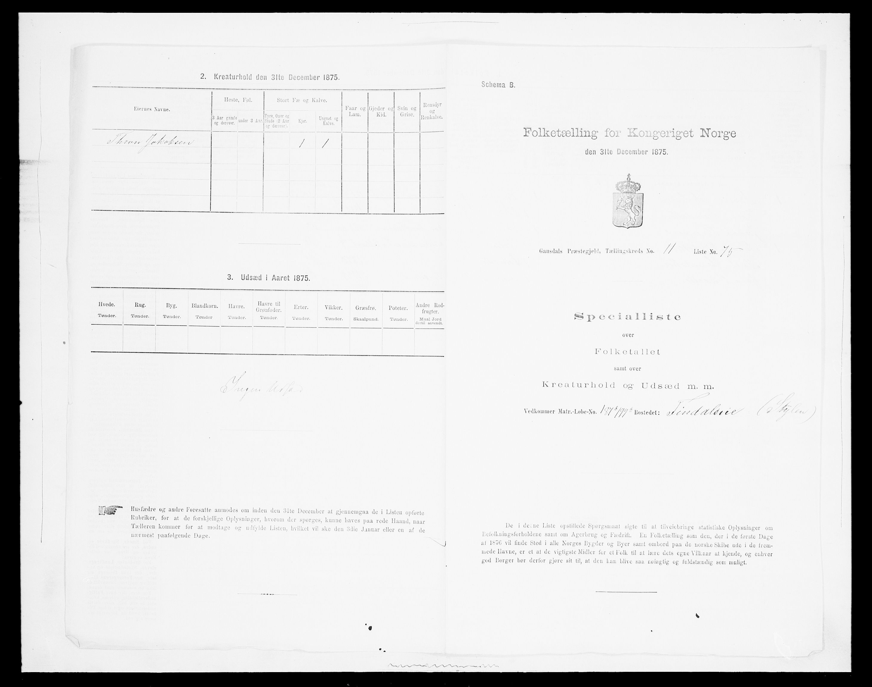 SAH, 1875 census for 0522P Gausdal, 1875, p. 1916