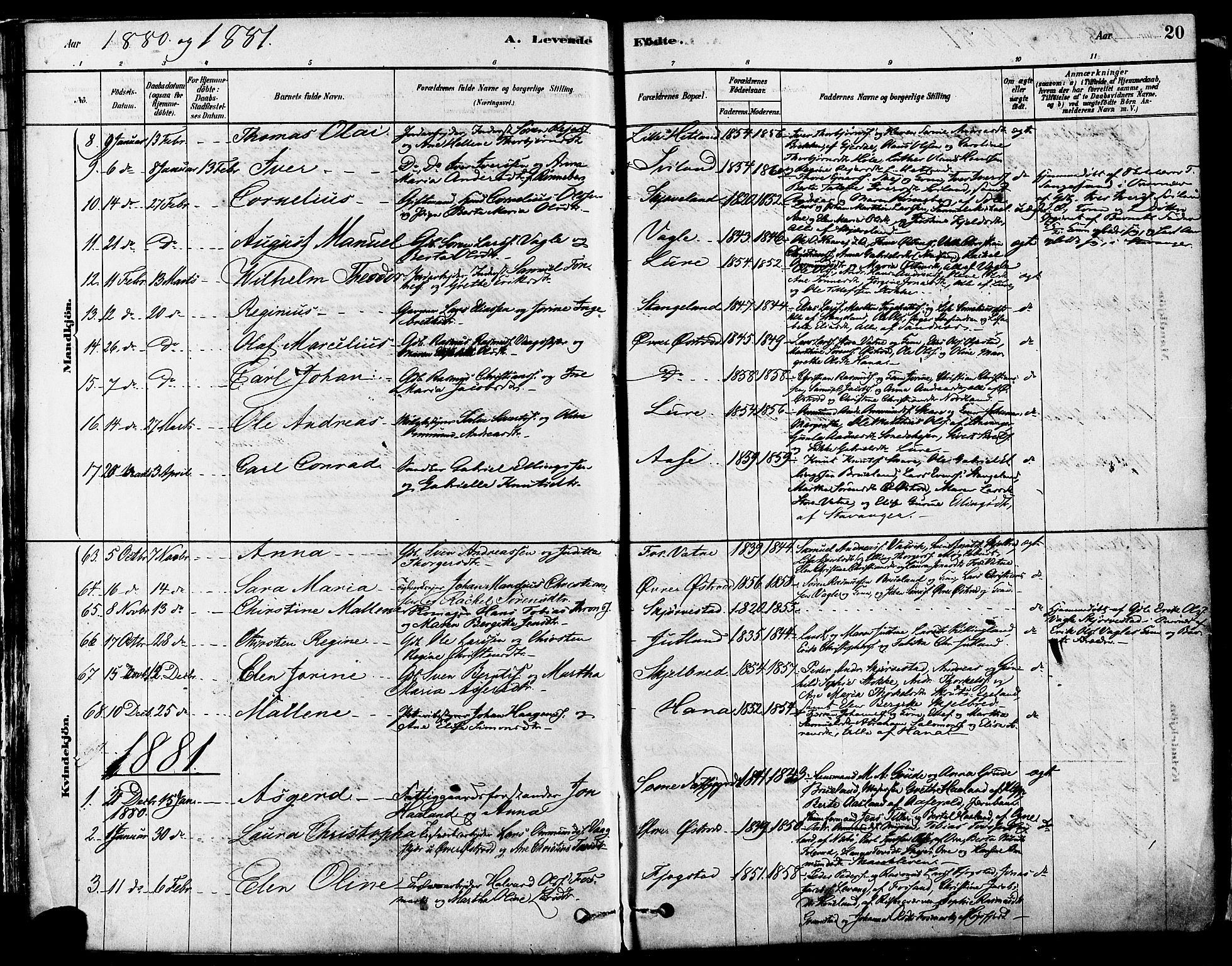 Høyland sokneprestkontor, SAST/A-101799/001/30BA/L0011: Parish register (official) no. A 10, 1878-1888, p. 20