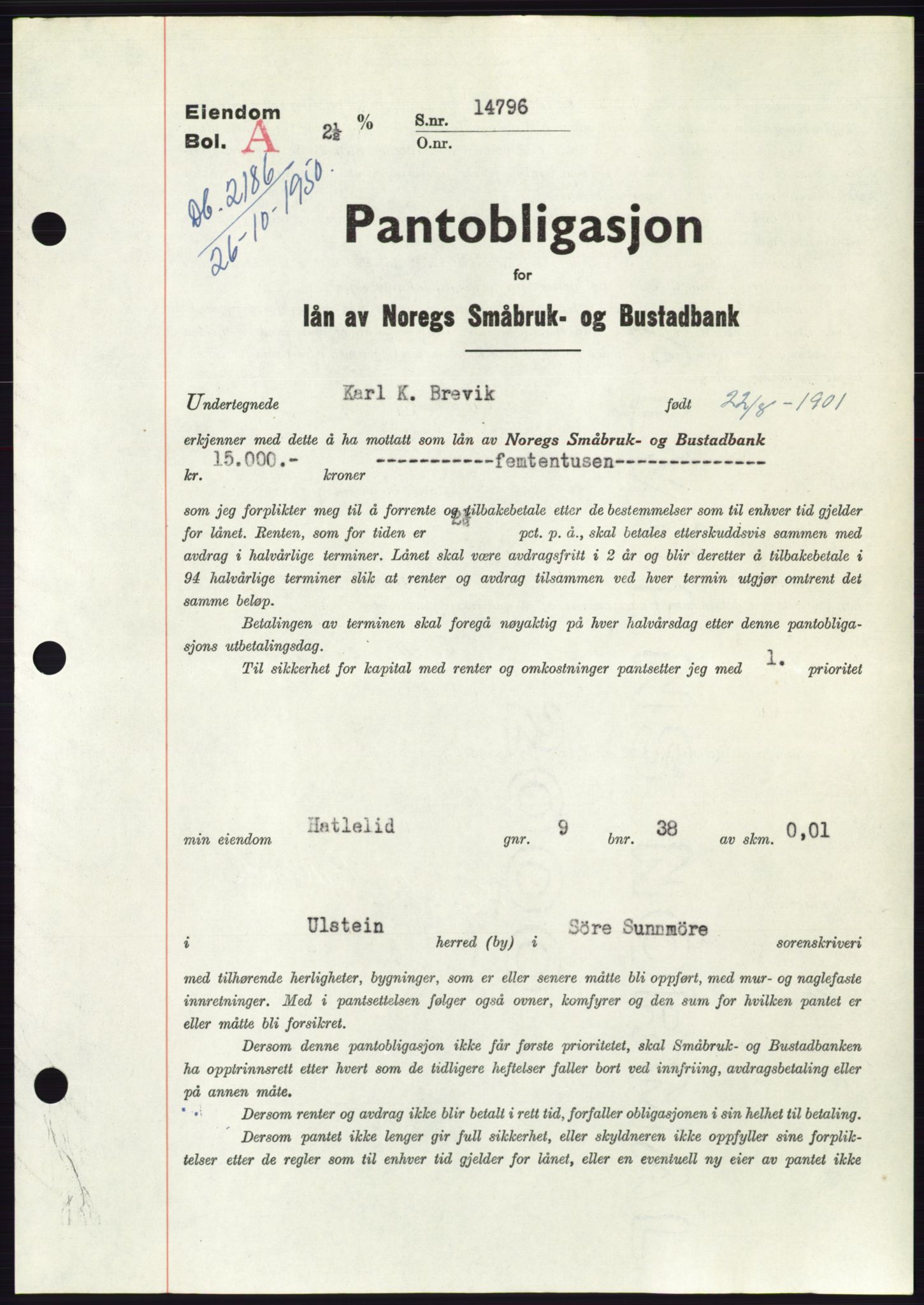 Søre Sunnmøre sorenskriveri, AV/SAT-A-4122/1/2/2C/L0119: Mortgage book no. 7B, 1950-1951, Diary no: : 2186/1950